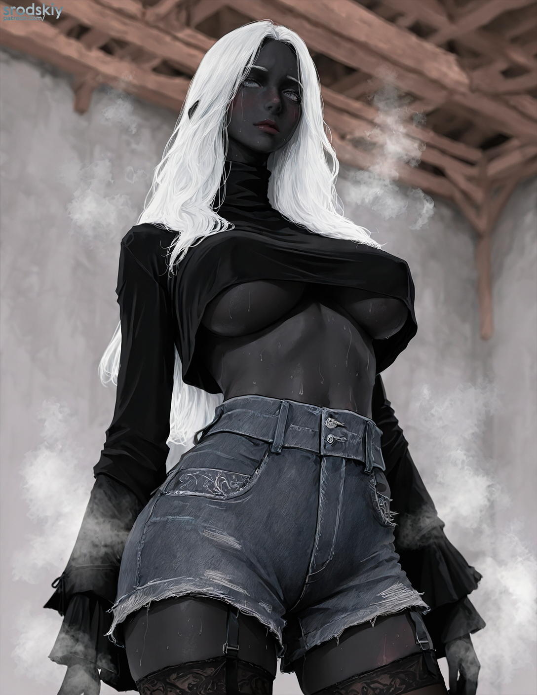 1girls, ai generated, big breasts, black body, black skin, breasts, busty, busty female, colored skin, crop top, cute, cute face, dark skin, elden ring, elden ring nightreign, female, female focus, female only, fromsoftware, gray eyes, hi res, highres, hips, large breasts, lips, massive breasts, mature female, recluse, recluse (elden ring), recluse (nightreign), shorts, srodskiy, stockings, sweat, tagme, thick thighs, vulgar, white hair, witch