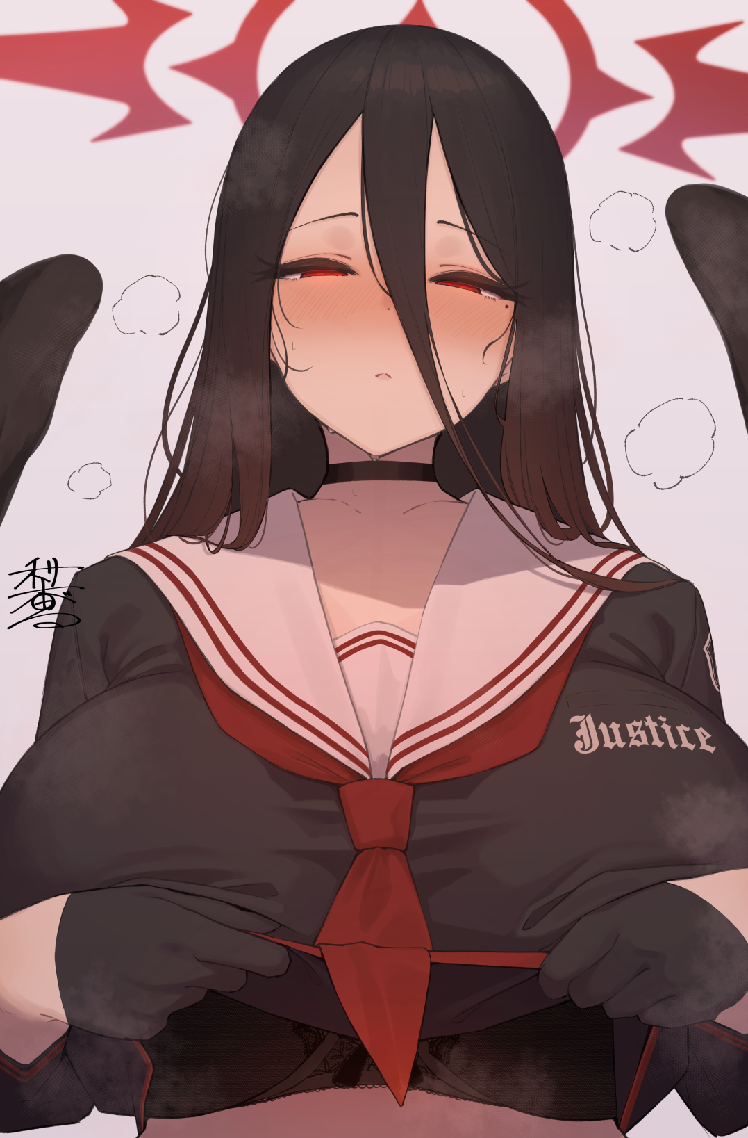 black bra, black choker, black gloves, black hair, black sailor collar, black serafuku, black shirt, black wings, blue archive, blush, bra, bra peek, breasts, breath, choker, closed mouth, female, gloves, halo, hasumi (blue archive), highres, huge breasts, long hair, long sleeves, looking at viewer, nashida bell, sailor collar, school uniform, serafuku, shirt, simple background, solo, sweat, underwear, upper body, white background, wings