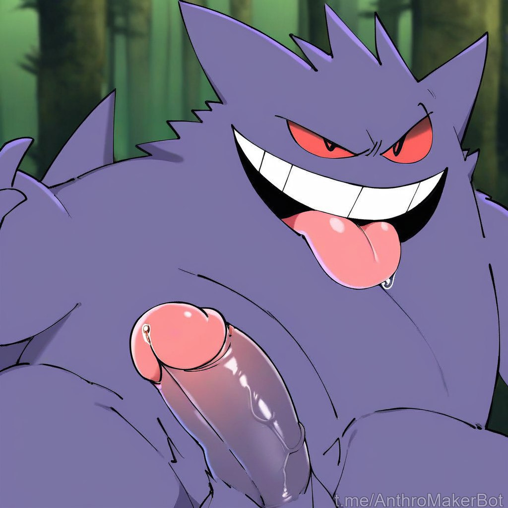 ai_generated drool drooling evil_grin forest forest_background gengar half-erect huge_cock looking_at_viewer nature nature_background penis_awe pokemon pokemon_(species) pokephilia precum tongue_out veiny_penis waiting_for_sex woods