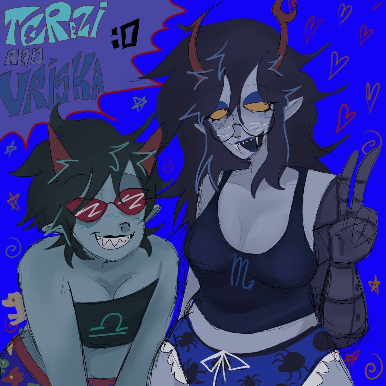 2girls, blue lipstick, boxers, breasts, chubby, cleavage, curvy, dkwark, english text, eyewear, fangs, female, female only, glasses, grin, homestuck, homestuck troll, horns, lipstick, long hair, mechanical arm, medium breasts, messy, messy hair, no pants, not porn, panties, plump, pointy ears, prosthetic, prosthetic arm, red-tinted eyewear, sharp teeth, short hair, sketchy, smile, sunglasses, tank top, teeth, terezi pyrope, thick thighs, tinted eyewear, tubetop, tumblr, voluptuous, vriska serket, wide hips