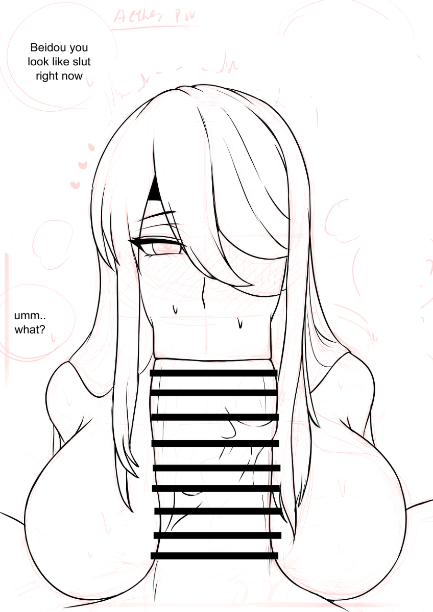 1boy, 1girls, aether (genshin impact), bad grammar, beidou (genshin impact), big breasts, big cock, big penis, black and white, blowjob, blowjob face, blowjob focus, blowjob only, blowjob pov, breasts, censored, censored penis, cock, cock in mouth, dialog, dialogue, drawing, duo, english, english dialogue, english language, english text, eye contact, eye contact pov, eye patch, eyepatch, fellatio, fellatio face, fellatio pov, female, female on human, female/male, first person perspective, first person view, genshin impact, girthy, girthy penis, hoyoverse, huge breasts, huge cock, large breasts, large cock, large penis, light skin, light-skinned female, light-skinned male, looking at another, looking at partner, looking at viewer, male, male on female, male pov, male/female, massive cock, massive penis, mihoyo, no color, nwoidn, oral, oral penetration, oral sex, penis, penis in mouth, pov, pov male, sex, straight, straight sex, sucking, sucking cock, sucking penis, text, thick, thick cock, thick penis, unseen male face