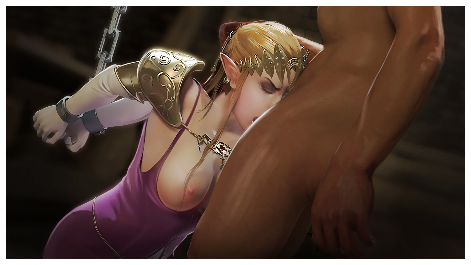 1boy, 1girls, 3d, armor, blonde hair, blue eyes, breasts, cum, dark skin, dark-skinned male, deepthroat, dress, earrings, elbow gloves, enslaved royal, fellatio, female, firolian, gloves, highres, human, jewelry, kneeling, large breasts, long hair, male, nintendo, nipples, oral, penis, pink dress, pointy ears, princess, princess zelda, sex slave, slave, slave girl, standing, the legend of zelda, tiara, twilight princess, white gloves, zelda (twilight princess)