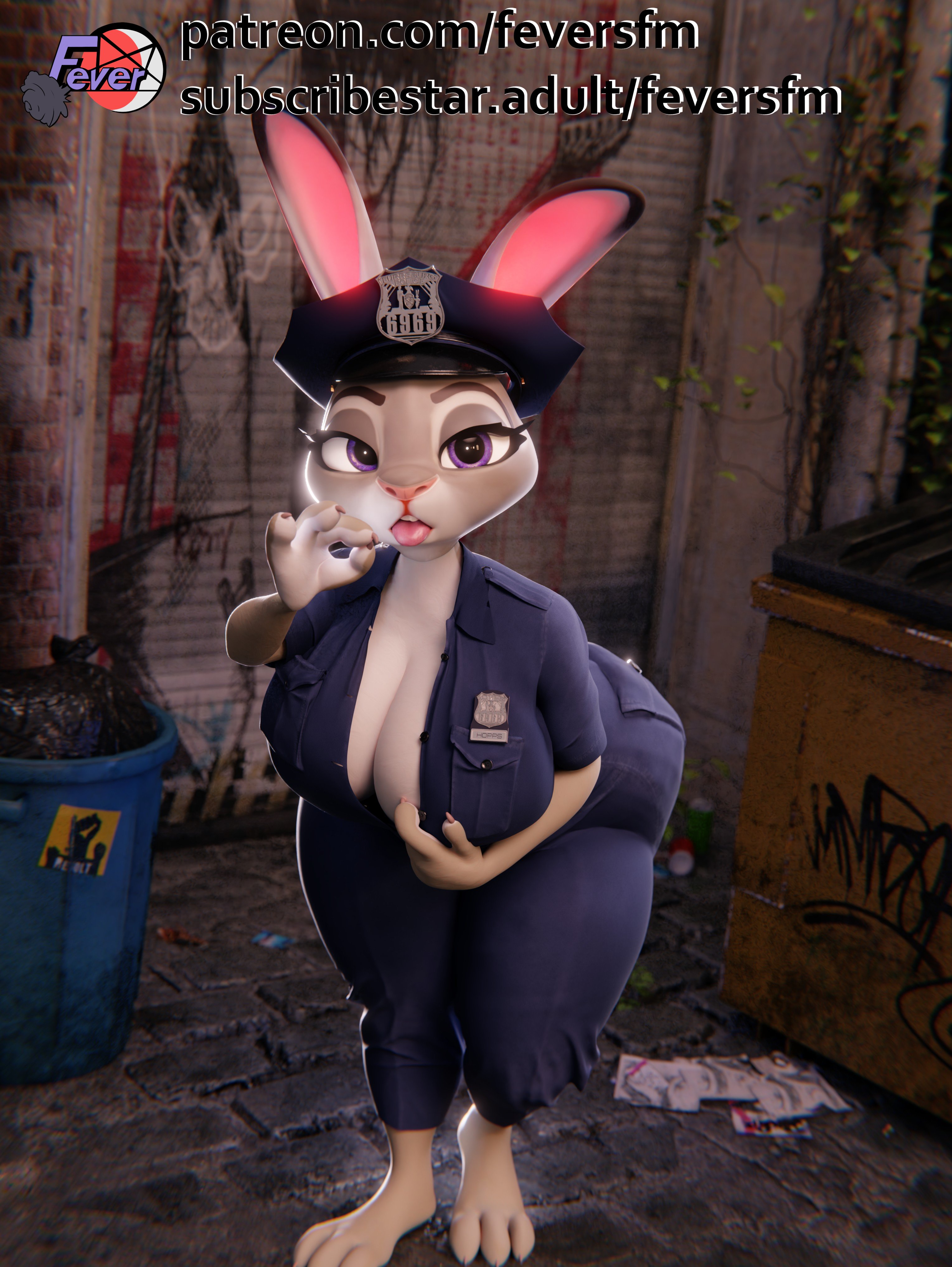 1girls, 2025, 2025s, 3 toes, 3d, 3d (artwork), 3d background, 3d model, 3d render, 4 fingers, absurd res, anthro, back alley, big breasts, breasts, clothing, detailed background, digital media (artwork), disney, eyebrows, eyelashes, feet, female, female only, feversfm, fingers, gesture, girl solo, hi res, jpeg, jpg, judy hopps, lagomorph, leporid, looking at viewer, mammal, only girl, only woman, police, police badge, police hat, police uniform, purple eyes, rabbit, render, scrag boy (model), scrag judy, solo, solo female, solo girl, solo woman, suggestive, suggestive gesture, text, toes, tongue, tongue out, trash bag, trash can, uniform, url, woman, woman only, woman solo, women, women only, zootopia