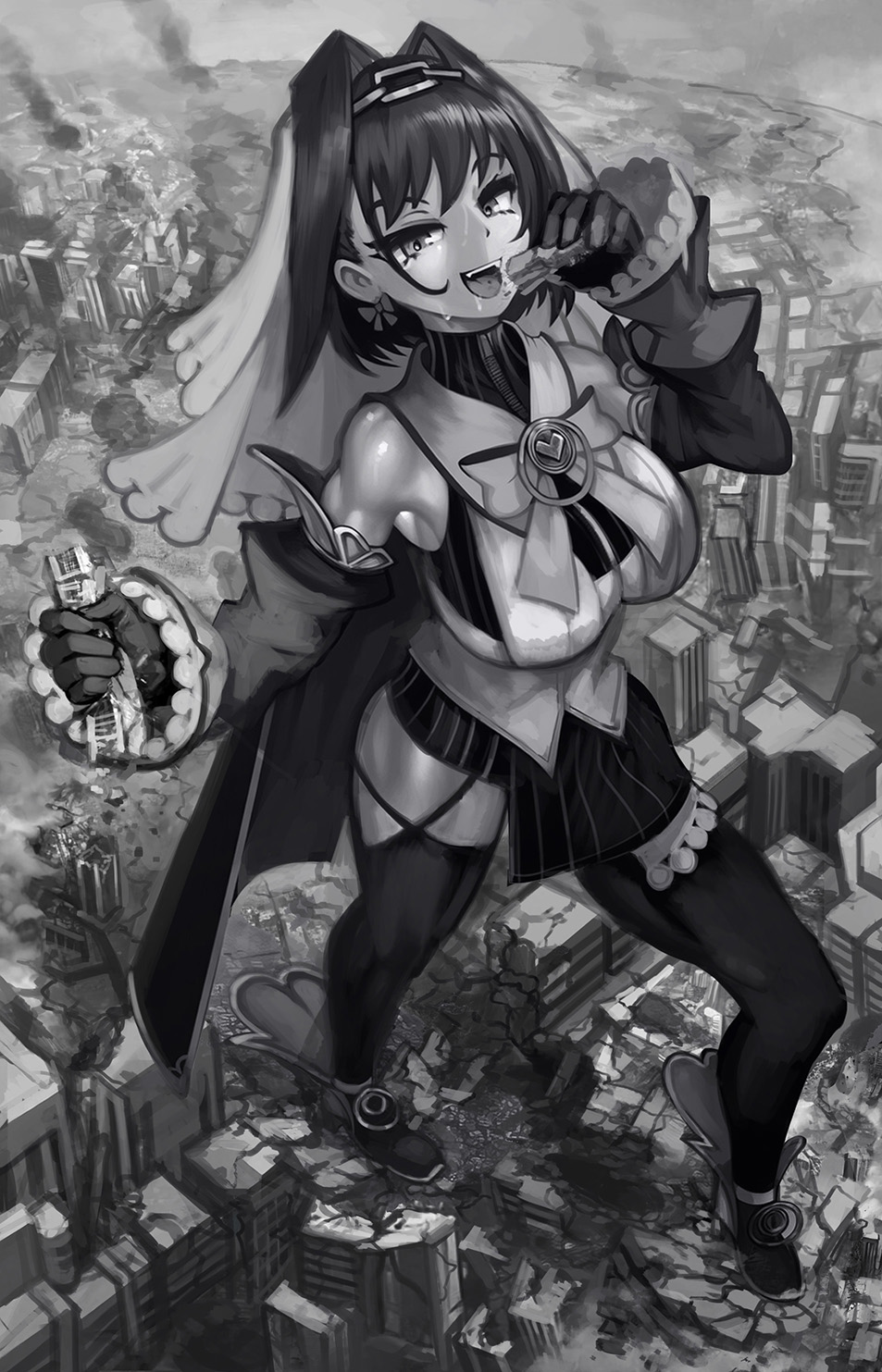 big_breasts big_breasts breasts breasts city city_destruction clothed clothed_female crush destruction giantess giantess_crush hololive hololive_english hololive_english_-council- imminent_vore light_skin light_skinned_female looking_at_viewer macro macro_female pre_vore yilx
