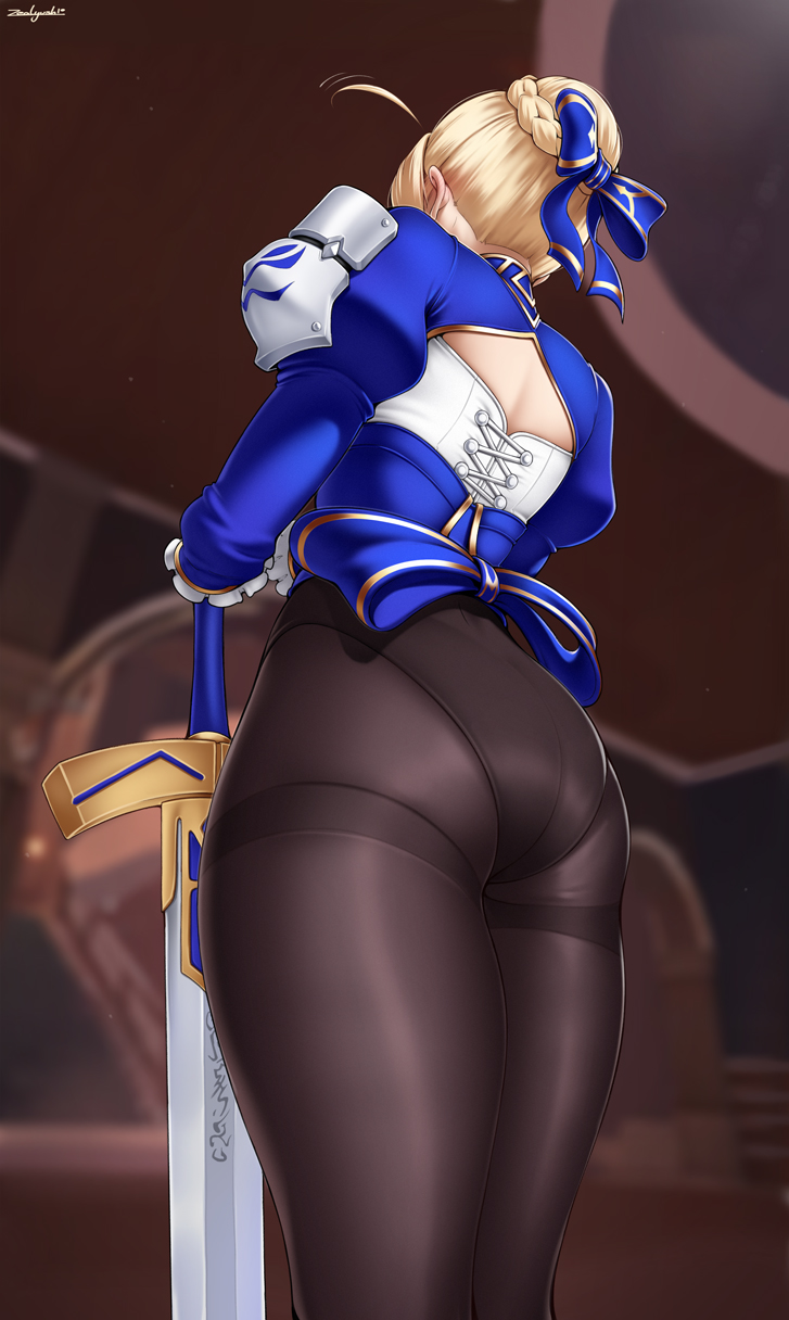 1girls, 2025, 2d, 2d (artwork), armored female, artist signature, artoria pendragon, ass, ass focus, back, back view, big ass, blonde hair, blurry background, braid, braided hair, bubble butt, clothed, clothed female, fate (series), fate/stay night, female, female only, fully clothed, heroine, honkai: star rail, hourglass figure, huge ass, large ass, leotard, light skin, light-skinned female, nylons, panties, pantyhose, questionable, saber, shoulder armor, slim waist, solo, solo female, standing, sword, thick, thick ass, thick thighs, thighs, tights, weapon, wide hips, zealyush