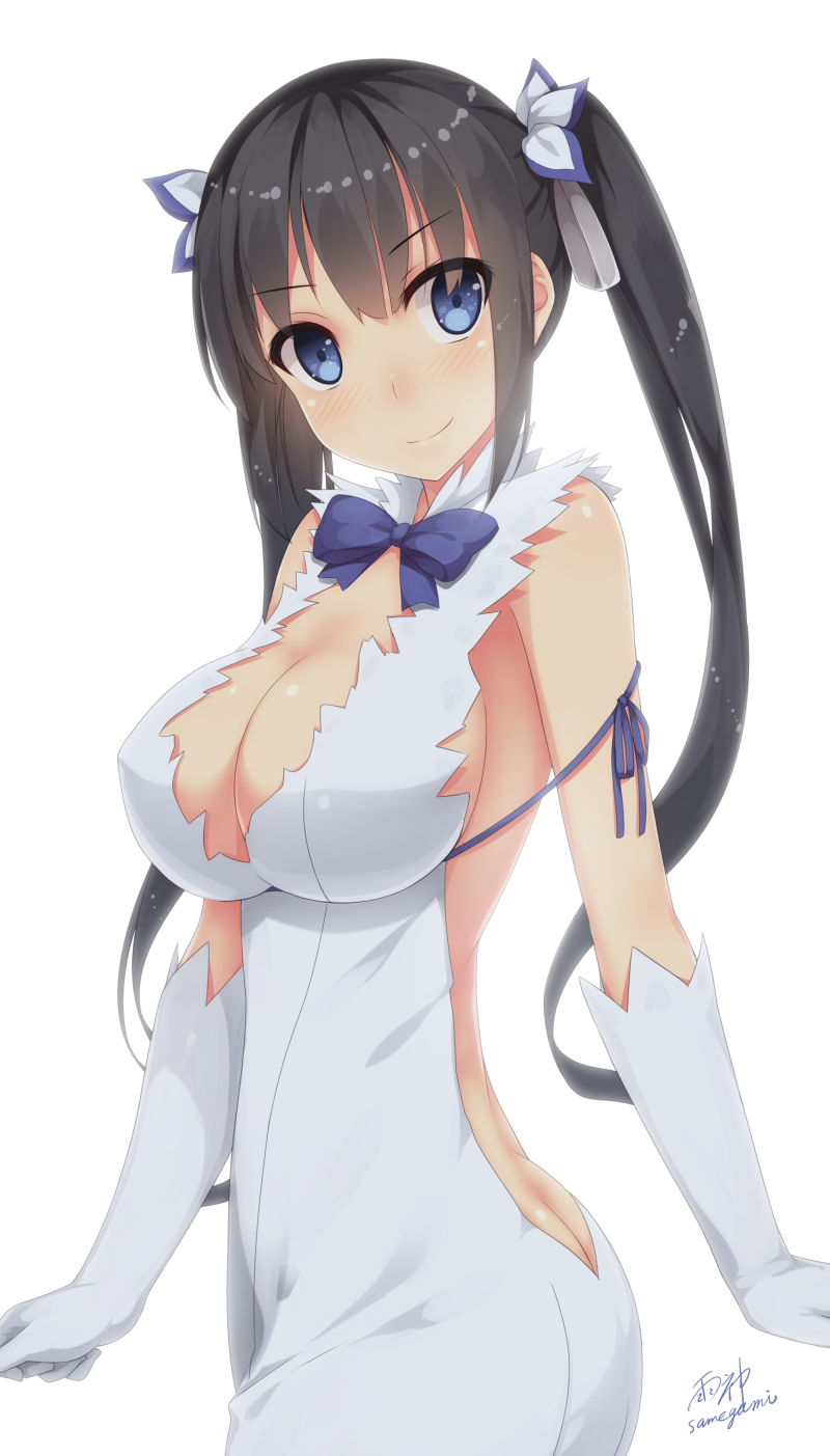 ass, ass crack, bad id, bad pixiv id, black hair, breasts, butt crack, cleavage, cleavage cutout, dress, dungeon ni deai wo motomeru no wa machigatteiru darou ka, female, gloves, hestia (danmachi), highres, huge breasts, long hair, looking at viewer, rei no himo, samegami, simple background, smile, solo, twintails, white background, white gloves