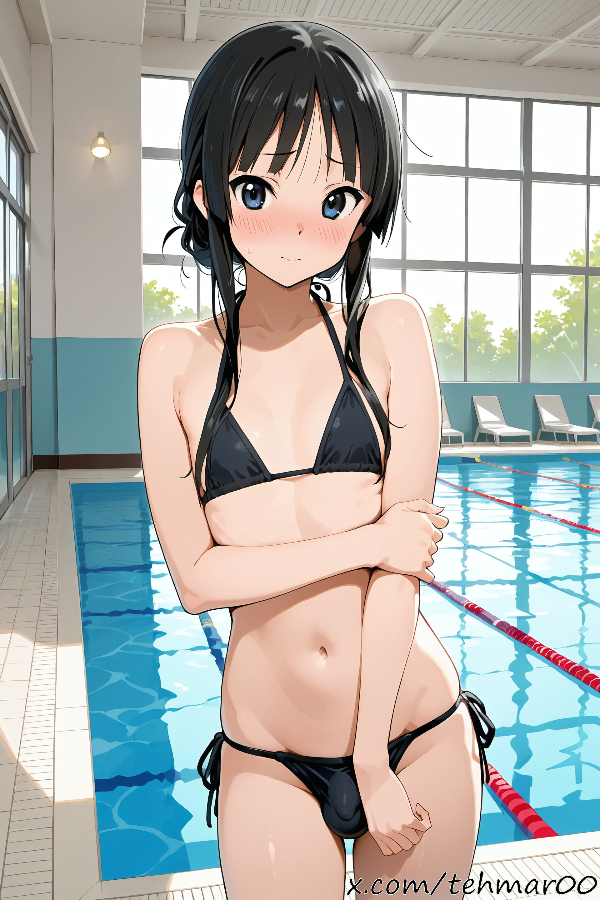1boy, ai generated, alternative hairstyle, bikini, black bikini, black hair, blush, bulge, clothing, femboy, flat chest, genderswap (ftm), k-on!, looking at viewer, male, mio akiyama (k-on!), navel, pool, rule 63, shy, solo, standing, swimsuit, tagme, tehmar, trans woman, transfem, trap