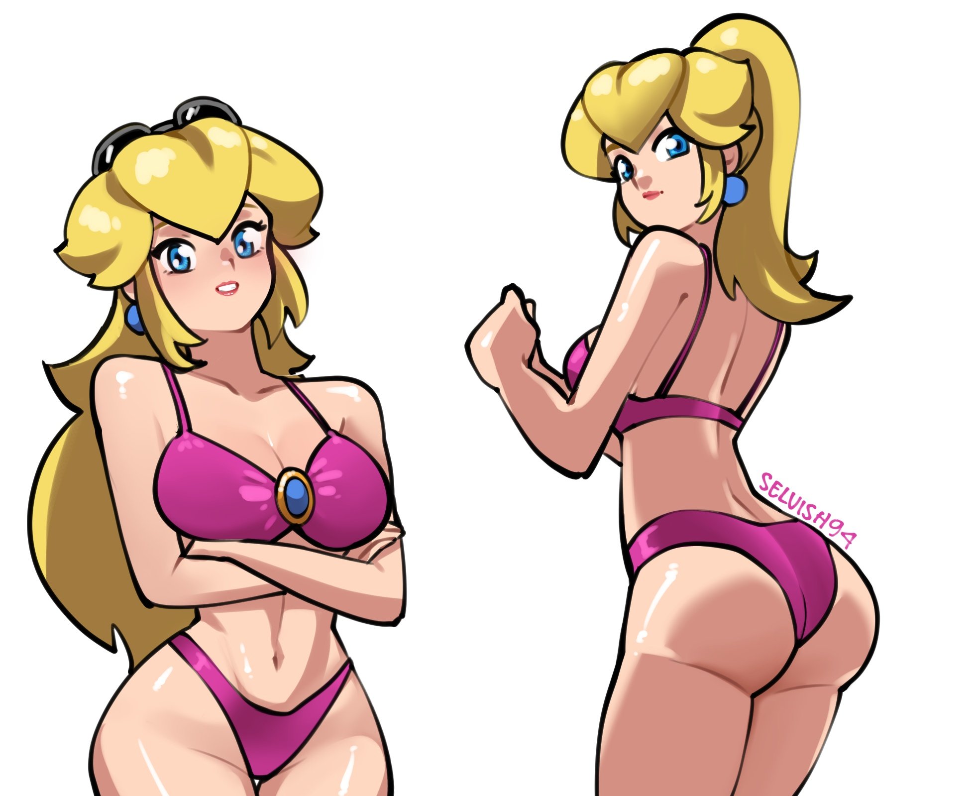 1girls, arms crossed, artist name, ass, big breasts, bikini, blonde hair, blue earrings, blue eyes, breasts, busty, cleavage, earrings, eyewear, eyewear on head, female, large breasts, long hair, looking at viewer, looking back, looking back at viewer, mario (series), navel, nintendo, pink bikini, ponytail, pose, posing, princess peach, selvish94, shiny skin, simple background, smile, solo, solo female, solo focus, sunglasses, sunglasses on head, swimsuit, voluptuous, white background
