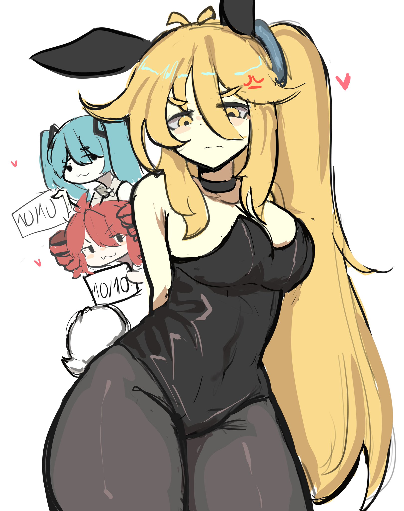 :3, 3girls, akita neru, anger vein, angry, animal ears, arms behind back, bare shoulders, black leotard, black pantyhose, blonde hair, blush stickers, breasts, bunny ears, bunny tail, bunnysuit, choker, collar, drill hair, fake animal ears, female, female only, hair between eyes, hatsune miku, heart, holding, holding sign, kasane teto, large breasts, leotard, long hair, looking at viewer, mad, melink (artist), multiple girls, pantyhose, playboy bunny, rabbit ears, rabbit tail, rating, red hair, sign, simple background, sketch, strapless leotard, tagme, tail, thick thighs, thighs, triple baka (vocaloid), twin drills, twintails, utau, very long hair, white background, wide hips, wide thighs, yellow eyes