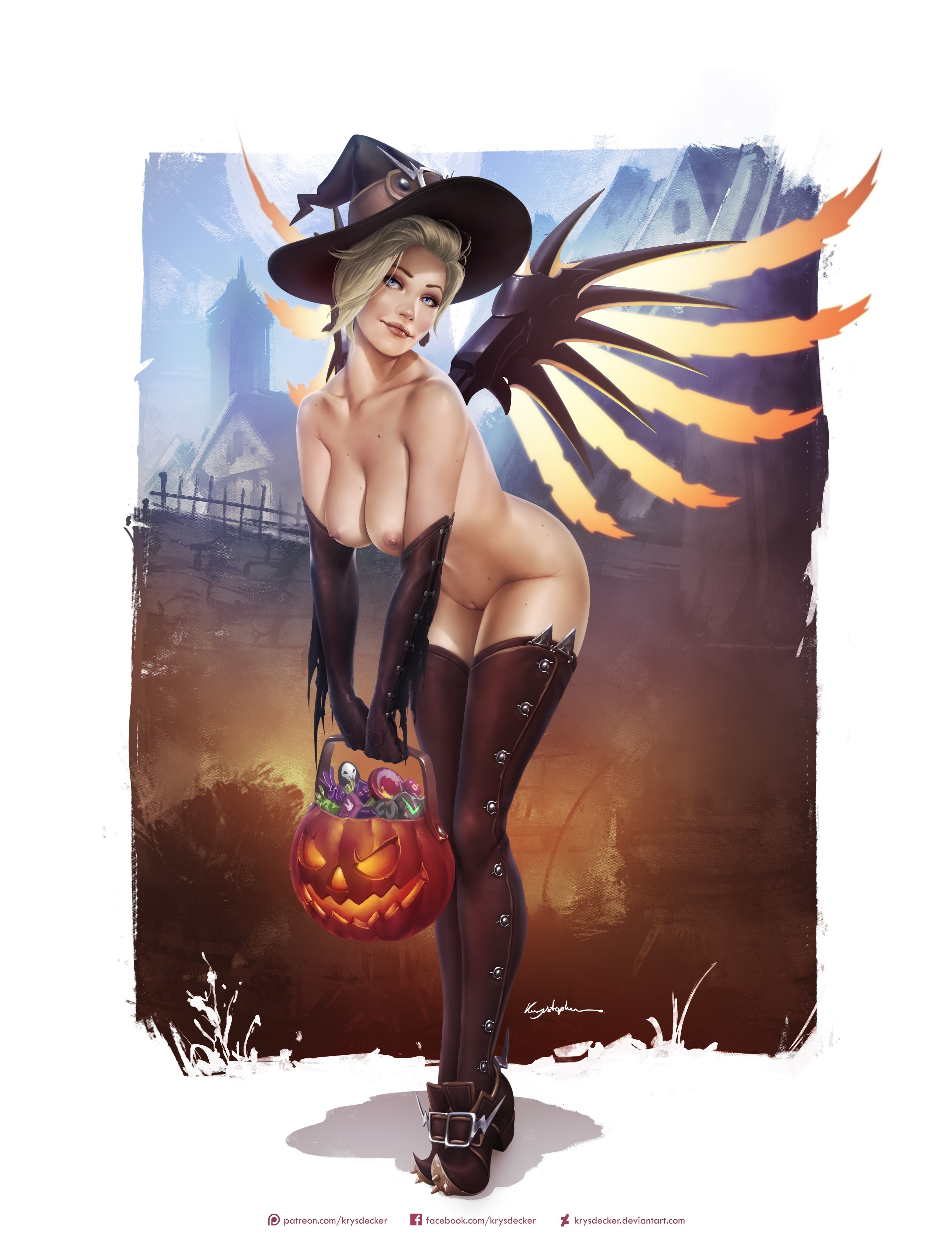 absurdres, alternate costume, areolae, armwear, bent over, blonde hair, blue eyes, boots, breasts, candy, casual, detailed background, elbow gloves, female, female only, food, footwear, full body, gloves, hairless pussy, halloween, handwear, hat, headwear, highres, holidays, human, jack-o'-lantern, krysdecker, large breasts, legwear, looking at viewer, mechanical wings, mercy, naked footwear, nipples, nude, overwatch, pale skin, public, pumpkin, pussy, short hair, smile, solo, standing, thigh high boots, thighhighs, wings, witch hat, witch mercy