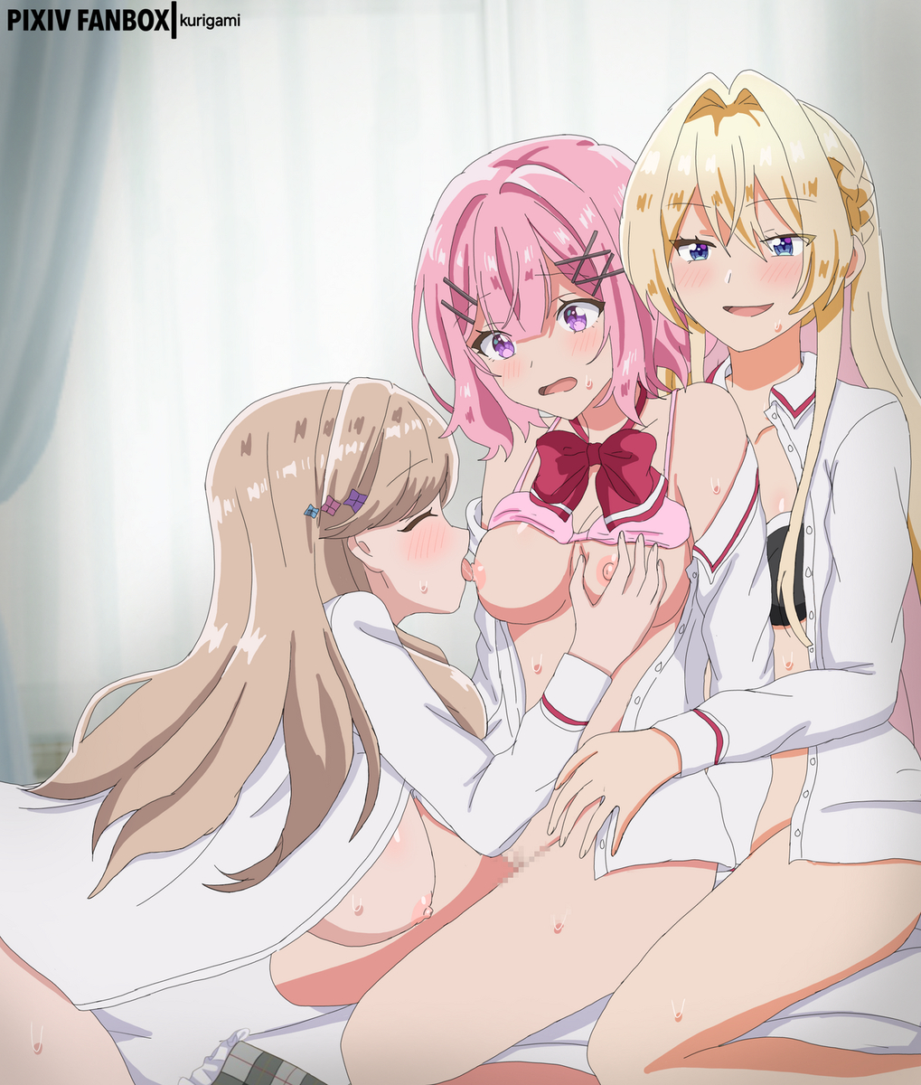 3girls, amaori renako, blonde hair, braid, breast sucking, breasts, brown eyes, brown hair, female, femdom, femsub, hair between eyes, hair ornament, kurigami, large breasts, lesbian sex, long hair, medium breasts, medium hair, ouzuka mai, pink hair, purple eyes, sena ajisai, submissive female, swept bangs, watashi ga koibito ni nareru wake naijan murimuri, yuri