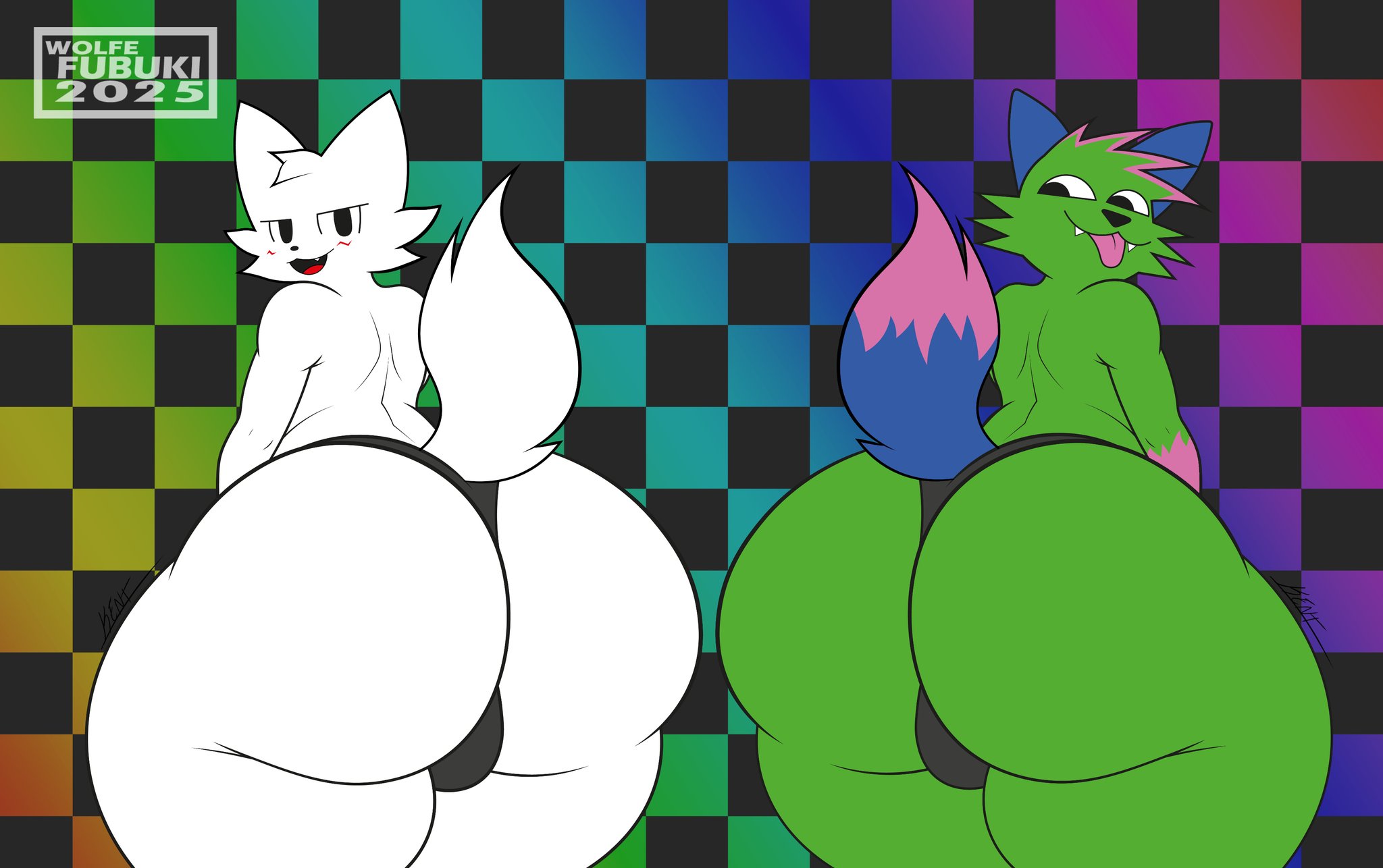 2boys, 2d, anthro, ass, big ass, black panties, boykisser, boykisser (meme), dont touch my pizza guy, fur, green fur, kevin (nyanwolf), male, male only, mammal, multiple boys, multiple males, nyanwolf, operario juniors, panties, panties only, silly cat (mauzymice), smile, smug, twitter username, white fur, wolfe fubuki