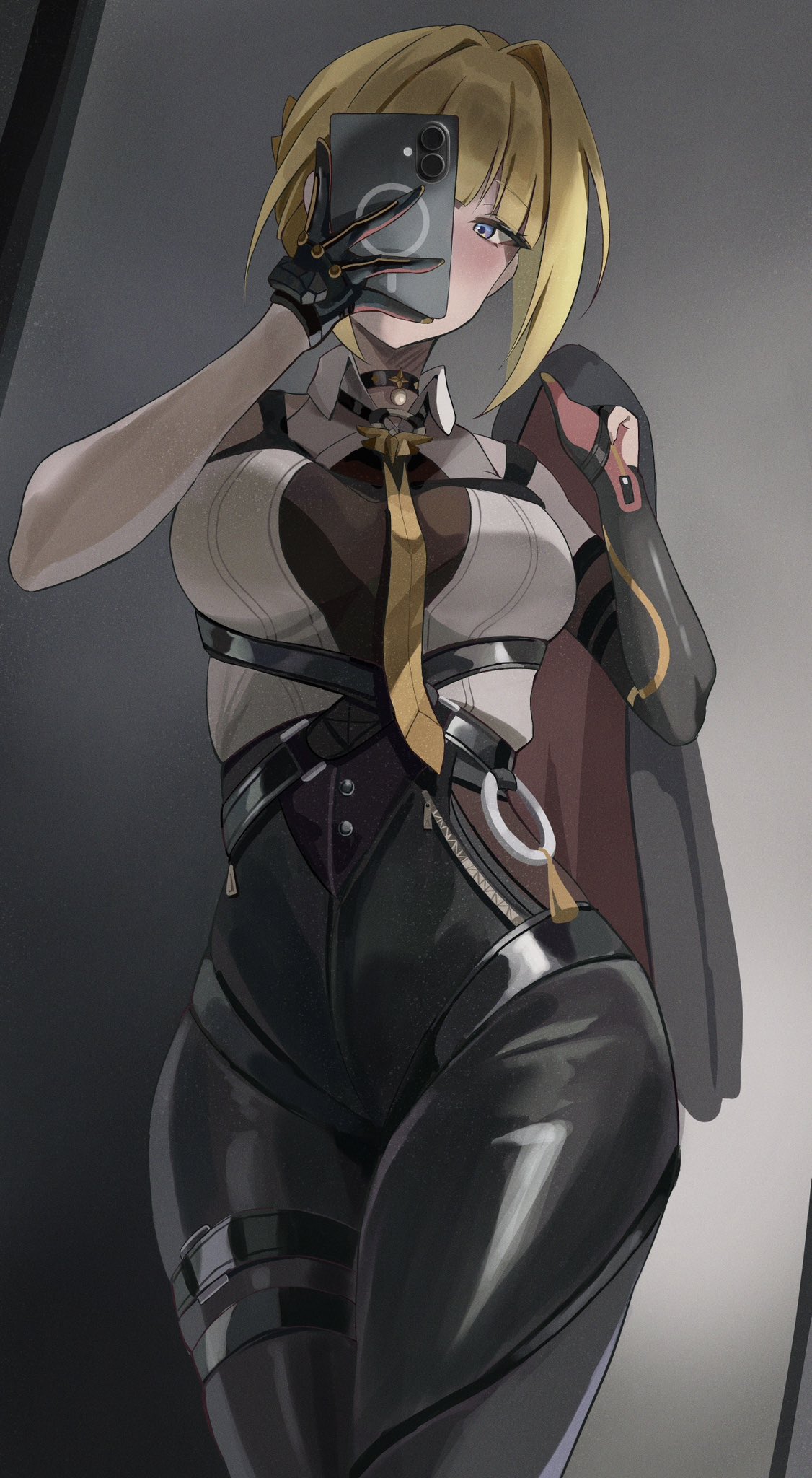 black gloves, black pants, blonde hair, breasts, cellphone, covering face, evelyn chevalier, female, female only, gloves, high-waist pants, highres, holding, holding phone, large breasts, looking at viewer, mirror, mirror selfie, necktie, pants, phone, phone over face, purple eyes, selfie, shirt, short hair, smartphone, solo, taking picture, tight clothes, tight pants, white shirt, yato (yama0x1), yato yz, zenless zone zero