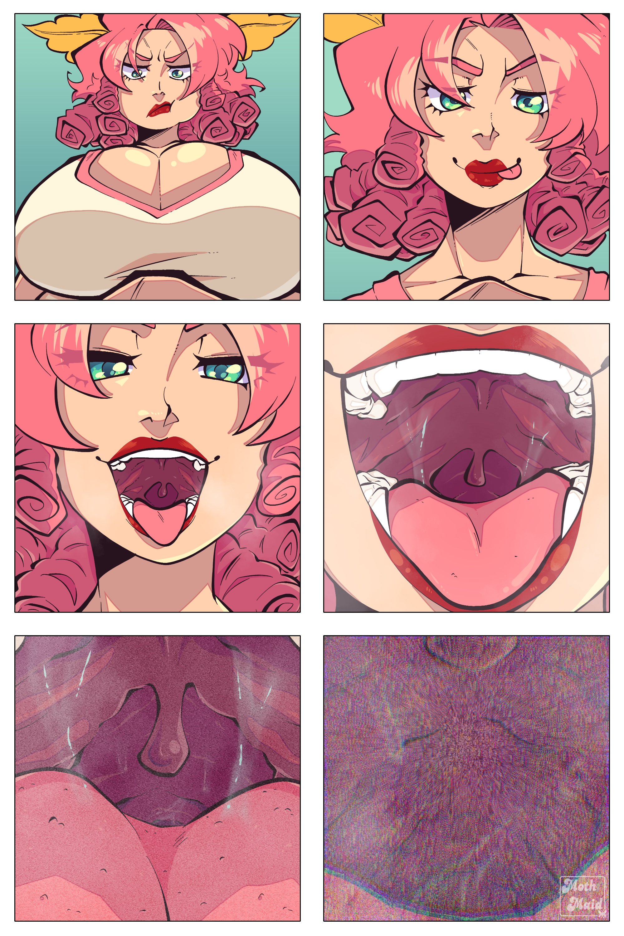 1futa, big breasts, big female, breast bigger than head, breasts, cleavage, female, futanari, giantess, huge breasts, intersex, larger breasts, mawshot, moth ears, moth maid, moth maid (character), naked female, nipples, nipples outside, pink hair, pov, red lips, red lipstick, seductive eyes, size difference, tagme, teal eyes, uvula, vore, vore belly
