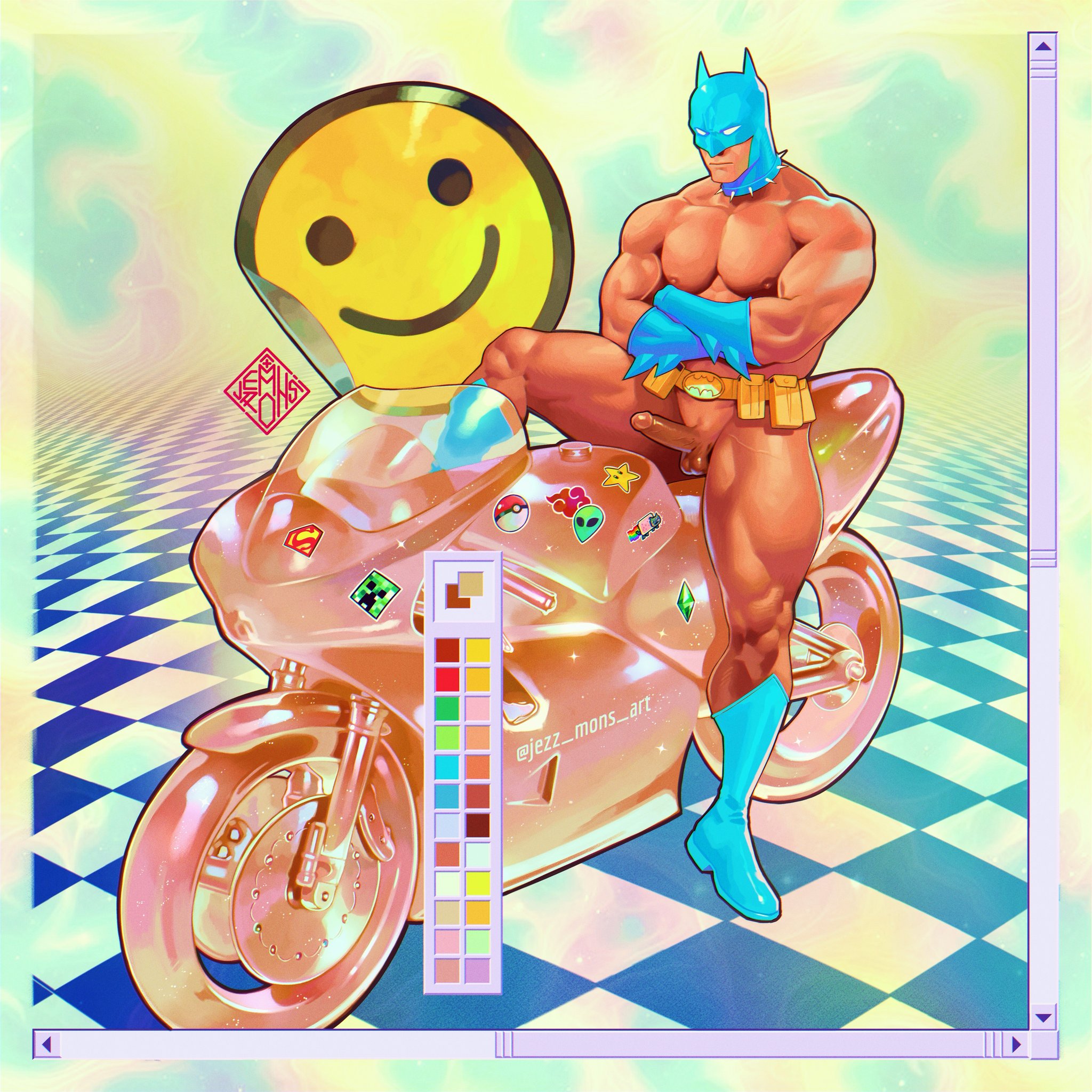 1boy, artist name, balls, bara, batman, batman (series), biceps, boots, checkered floor, dc, dc comics, erect penis, erection, jezz mons nsfw, legs, male, male focus, male only, motorcycle, muscular, muscular arms, muscular chest, muscular legs, muscular male, muscular thighs, naked, naked male, nipples, nude, nude male, pecs, pectorals, penis, solo, solo male, testicles, thighs, yaoi
