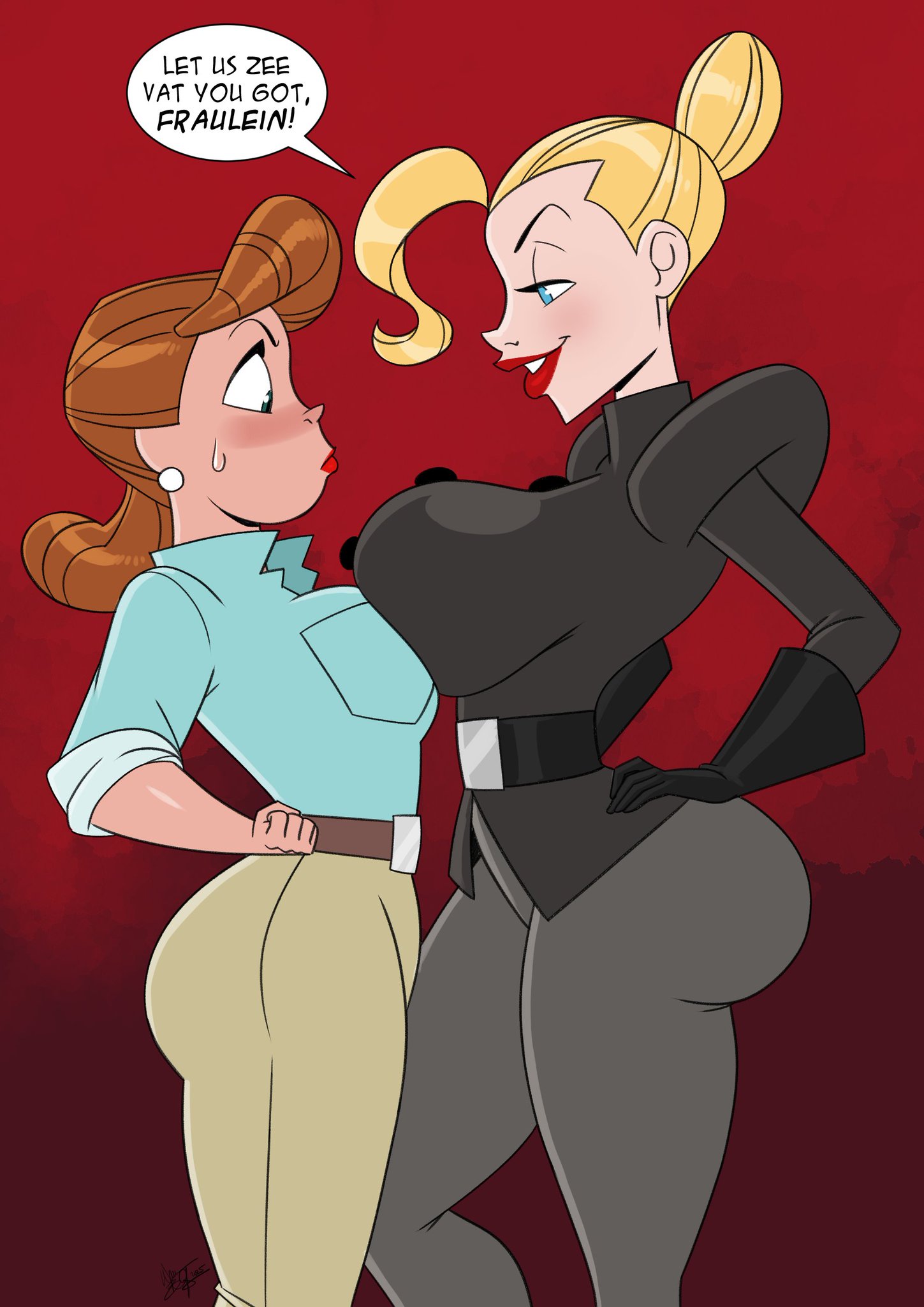 1940s, 2girls, 40s, aeolus06, american, american female, ass, big ass, big breasts, big thighs, bigger female, blonde female, blonde hair, blue eyes, breasts, brunette, bust, busty, challenge, chest, contest, curvaceous, curvy, curvy figure, dialogue, digital media (artwork), english text, european, european female, fem ss officer, female, german, german female, german text, greta schultz, height difference, hips, history, hourglass figure, huge ass, huge breasts, large ass, large breasts, legs, light skin, light-skinned female, mature, mature female, nazi, penny thimble, rex steele nazi smasher, shorter female, size difference, slim waist, smaller female, speech bubble, tall female, taller female, text, thick, thick hips, thick legs, thick thighs, thighs, voluptuous, waist, wide hips, world war 2, ww2