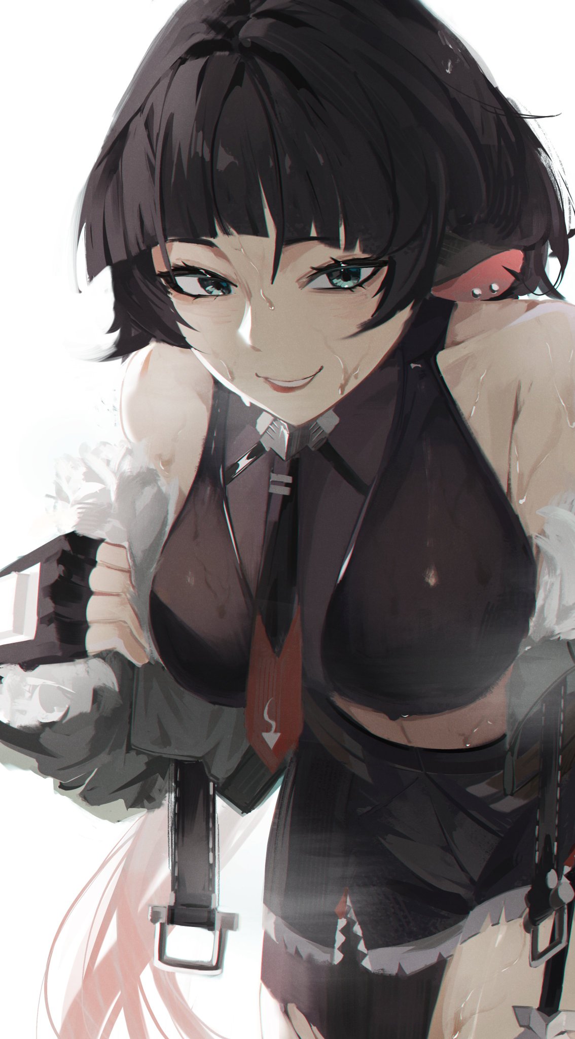 1girls, animal ears, bare shoulders, black gloves, black hair, black necktie, black shorts, blue eyes, breasts, collarbone, commentary, earrings, english commentary, female, female only, fingerless gloves, garter straps, gloves, high-waist shorts, highres, jane doe (zenless zone zero), jewelry, large breasts, leaning forward, long hair, looking at viewer, mouse ears, mouse girl, multicolored hair, necktie, notched ear, pantyhose, parted lips, red hair, red necktie, shorts, simple background, single garter strap, single leg pantyhose, smile, solo, torn clothes, torn pantyhose, two-tone necktie, wet, wet clothes, wet hair, white background, woijoi, zenless zone zero
