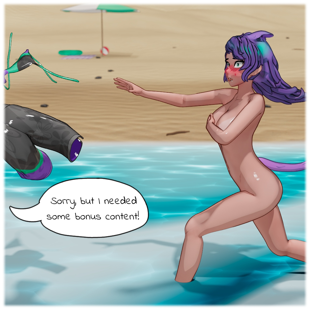 assisted_exposure beach bikini breasts cat_ears cat_tail comic embarrassed embarrassed_nude_female enf_bee female