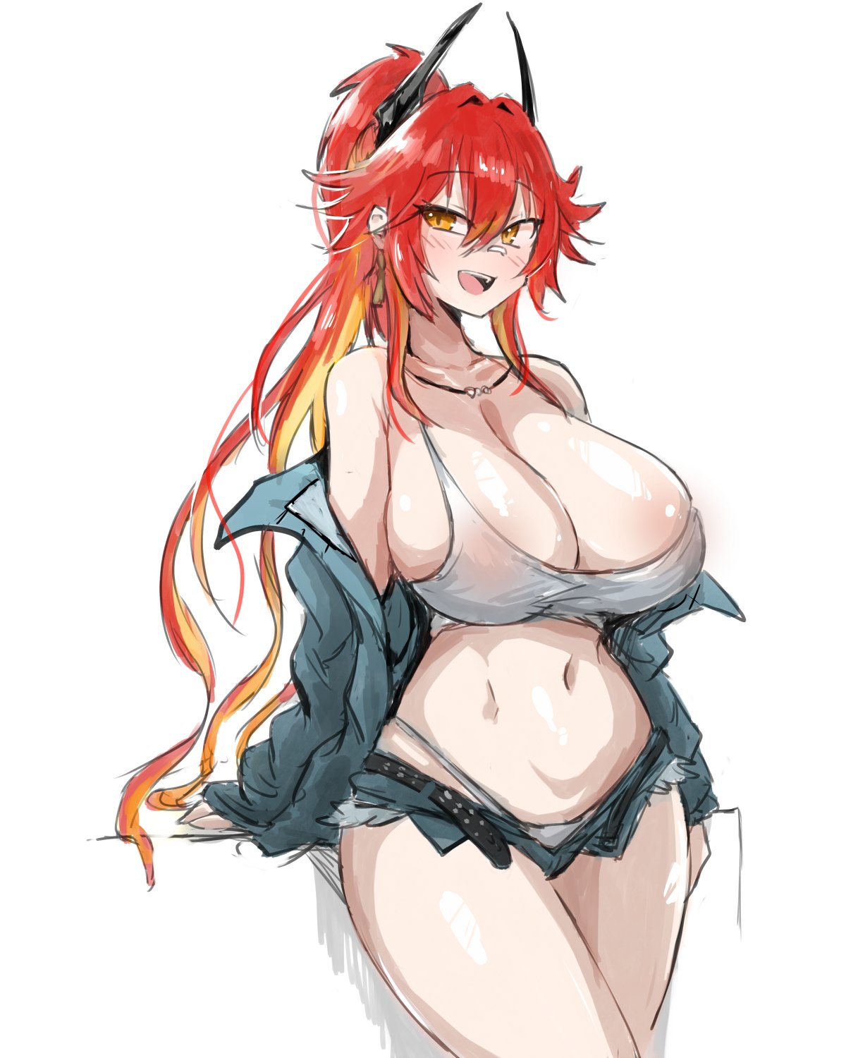 1female, 1girls, 2025, belly, belly button, big breasts, blush, booty shorts, breasts, cleavage, clothed, clothing, color, colored, crop top, denim, denim jacket, denim shorts, female, female focus, female only, geist43195783, goddess of victory: nikke, happy, horns, light skin, light-skinned female, long hair, midriff, open mouth, open mouth smile, ponytail, red hair, red hood (nikke), red hood (retro days) (nikke), revealing clothes, short shorts, shorts, skimpy clothes, smile, smiling, solo, solo female, solo focus, standing, stomach, thighs, yellow eyes