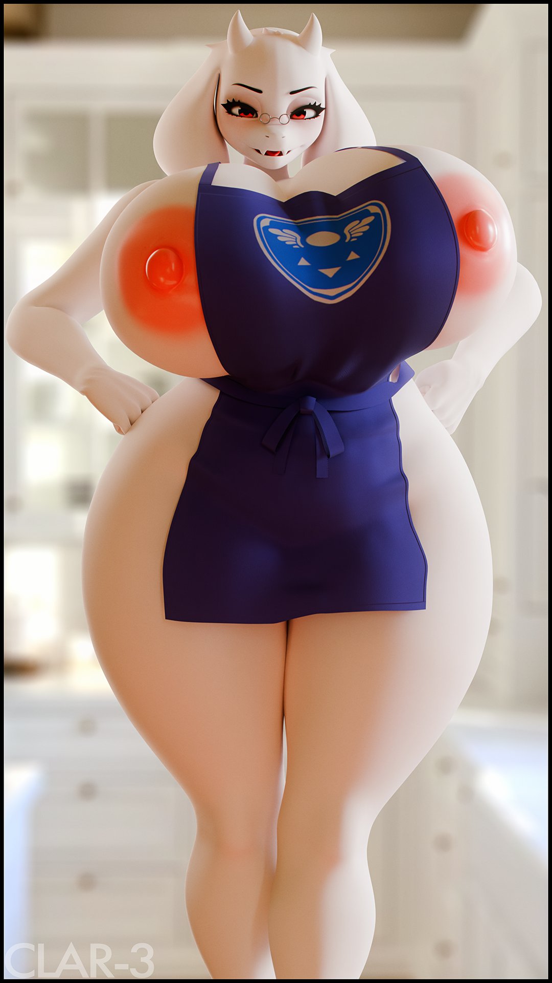 1girls, 3d (artwork), 9:16, animal ears, anthro, apron, apron only, areola, big areola, big breasts, big nipples, blue apron, blue clothing, blurred background, blurry, blurry background, boss monster (undertale), bovid, breasts, caprine, clar-3, clothing, curvy, curvy figure, deltarune (symbol), digital media (artwork), eyewear, fangs, female, fur, furry female, gigantic breasts, glasses, goat, goat ears, goat girl, goat horns, hands on hips, hands on own hips, hi res, huge breasts, inside, looking at viewer, mammal, mature female, naked apron, nipples, open mouth, red eyes, solo, standing, teeth, thick thighs, toriel, toriel (bom39), undertale, undertale (series), watermark, wearing glasses, white body, white fur, white horns, wide hips