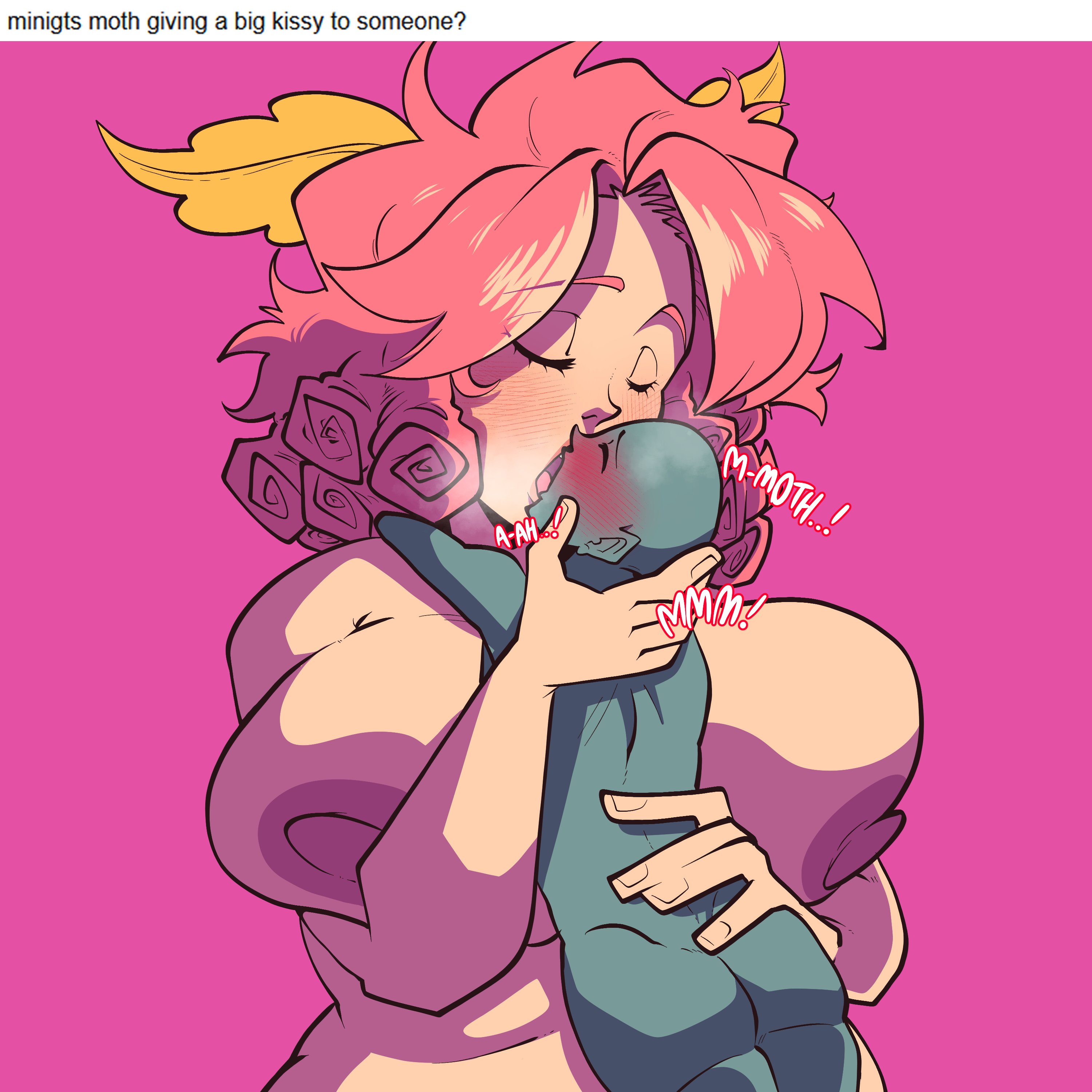 1boy, 1futa, big breasts, big female, breast bigger than head, breasts, chubby, cleavage, female, futanari, giantess, huge breasts, intersex, kissing, larger breasts, larger futa, male, moth ears, moth maid, moth maid (character), naked female, nipples, nipples outside, pink hair, red lips, red lipstick, seductive eyes, smaller male, tagme, teal eyes, tongue kiss, wholesome