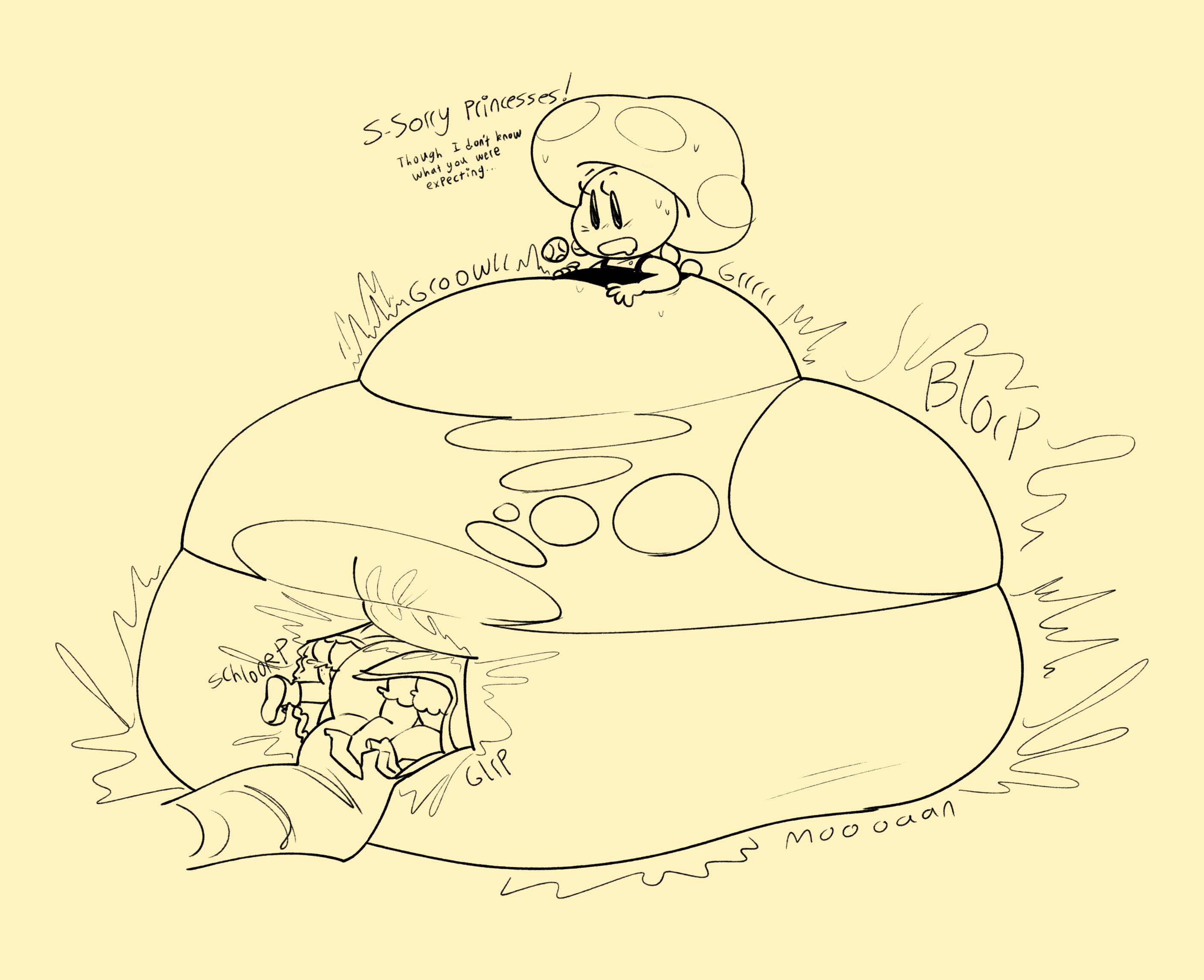 female, gulpgoon, hose, hose in navel, hose inflation, hyper, mario (series), navel vore, octogoon, octoguy45, onomatopoeia, princess daisy, princess peach, sequence, text, toadette, vore, weight gain