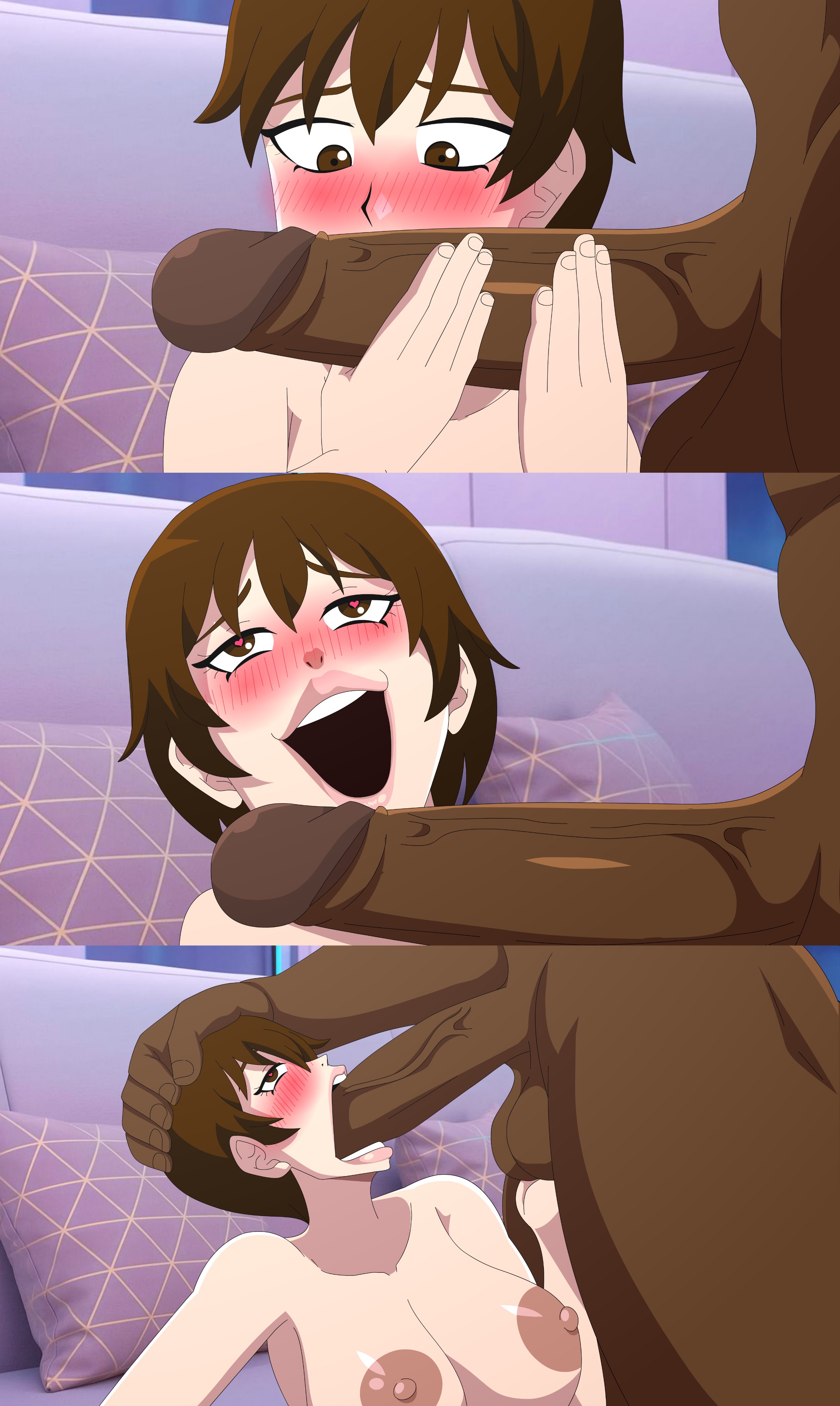 1boy, 1girls, 3koma, ahe gao, artist self-insert, big breasts, big penis, blowjob, breasts, brown eyes, brown hair, cock hungry, dark skin, dark-skinned male, deep blowjob, deepthroat, deepthroat smile, eye contact, female, hand on head, happy, heart-shaped pupils, hispanic virtual youtuber, huge cock, imminent deepthroat, imminent oral, implied deepthroat, instant loss 3koma, interracial, it'll never fit, kneeling, large penis, light-skinned female, long penis, looking at viewer, male, meme, meme reference, nude, open mouth, oral, pale-skinned female, penis, petite, pleasure face, reference, rolling eyes, rule 63, rule63, rumi sniffing gimbap, seductive mouth, short hair, size difference, slim, sniffing, sniffing penis, teeth, teeth showing, throat, throat fuck, tomboy, tomiaf, tomiaf (character), tomiaf (female), tomiko (tomiaf)