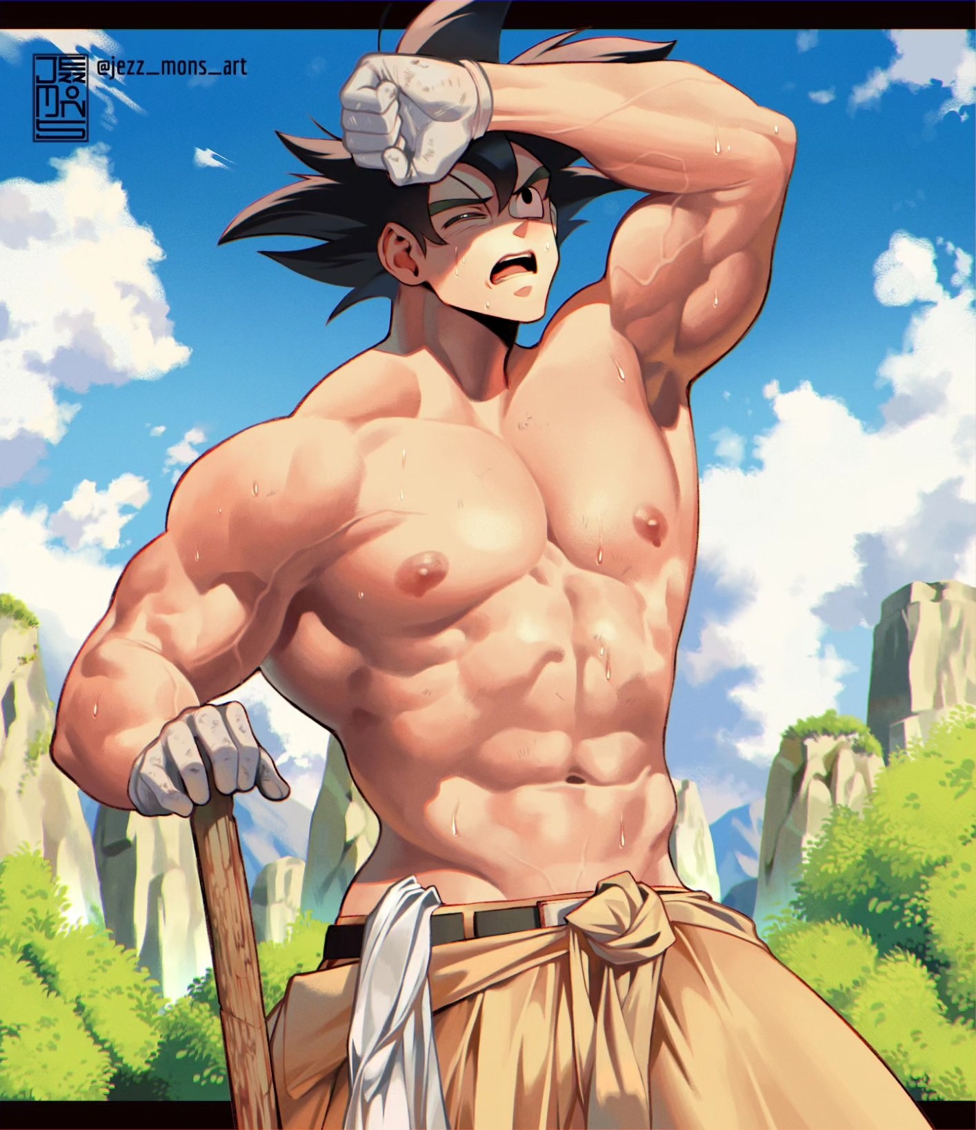 1boy, dragon ball, dragon ball super, dragon ball z, farm boi, farmer, gay, goku, jezz mons nsfw, male, male only, muscles, muscular, muscular male, son goku, sweat, sweaty