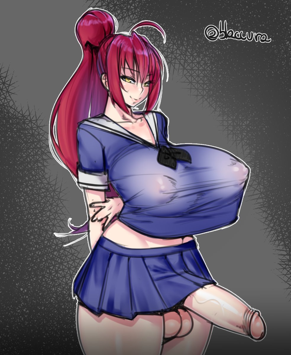 1futa, areola, balls, bimbo, breasts, burakku-ra, character request, curvy, erect nipples, erection, erection under clothes, erection under skirt, futa only, futanari, hourglass figure, hyper, hyper breasts, hyper penis, intersex, large balls, looking at viewer, nipple bulge, nipples, no bra, no panties, penis, penis out, penis under clothes, penis under skirt, ponytail, school uniform, see-through, skirt, skirt lift, solo