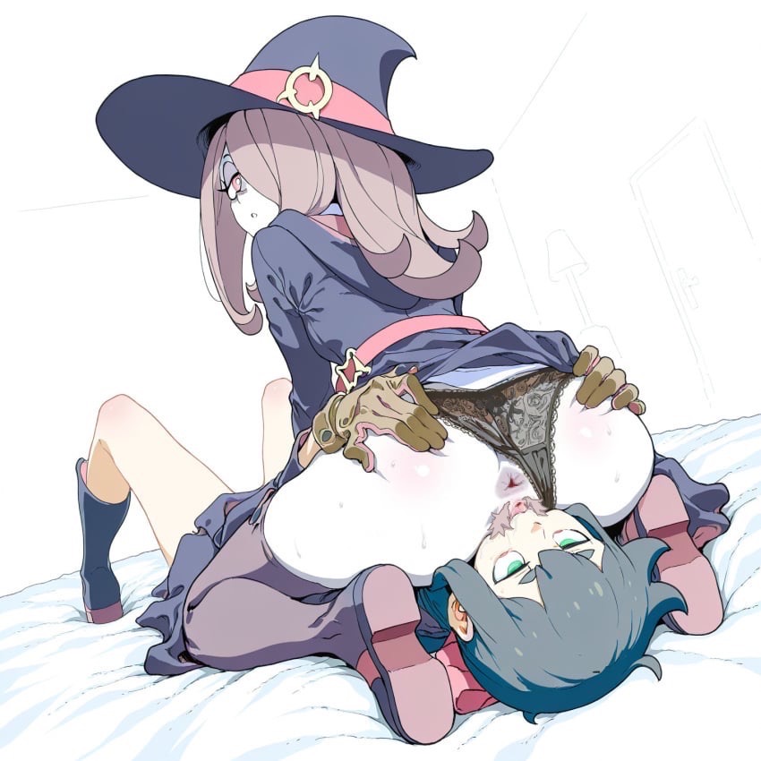 ai generated, anus, cunnilingus, dripping pussy, facesitting, female, female pubic hair, lingerie panties, little witch academia, looking back, panties aside, pussy, sucy manbavaran, thigh boots, witch, witch hat