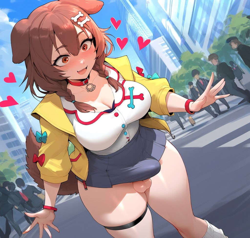 1futa, ai generated, animal ears, balls, bangs, blush, breasts, brown eyes, brown hair, collar, day, dog ears, erection under clothes, exhibitionism, female, futanari, heart, hololive, huge breasts, intersex, inugami korone, jacket, large breasts, long hair, male, multiple boys, multiple females, multiple girls, multiple males, open mouth, outdoors, public, racerai, sky, smile, solo focus, surprised, testicles, thighs, virtual youtuber