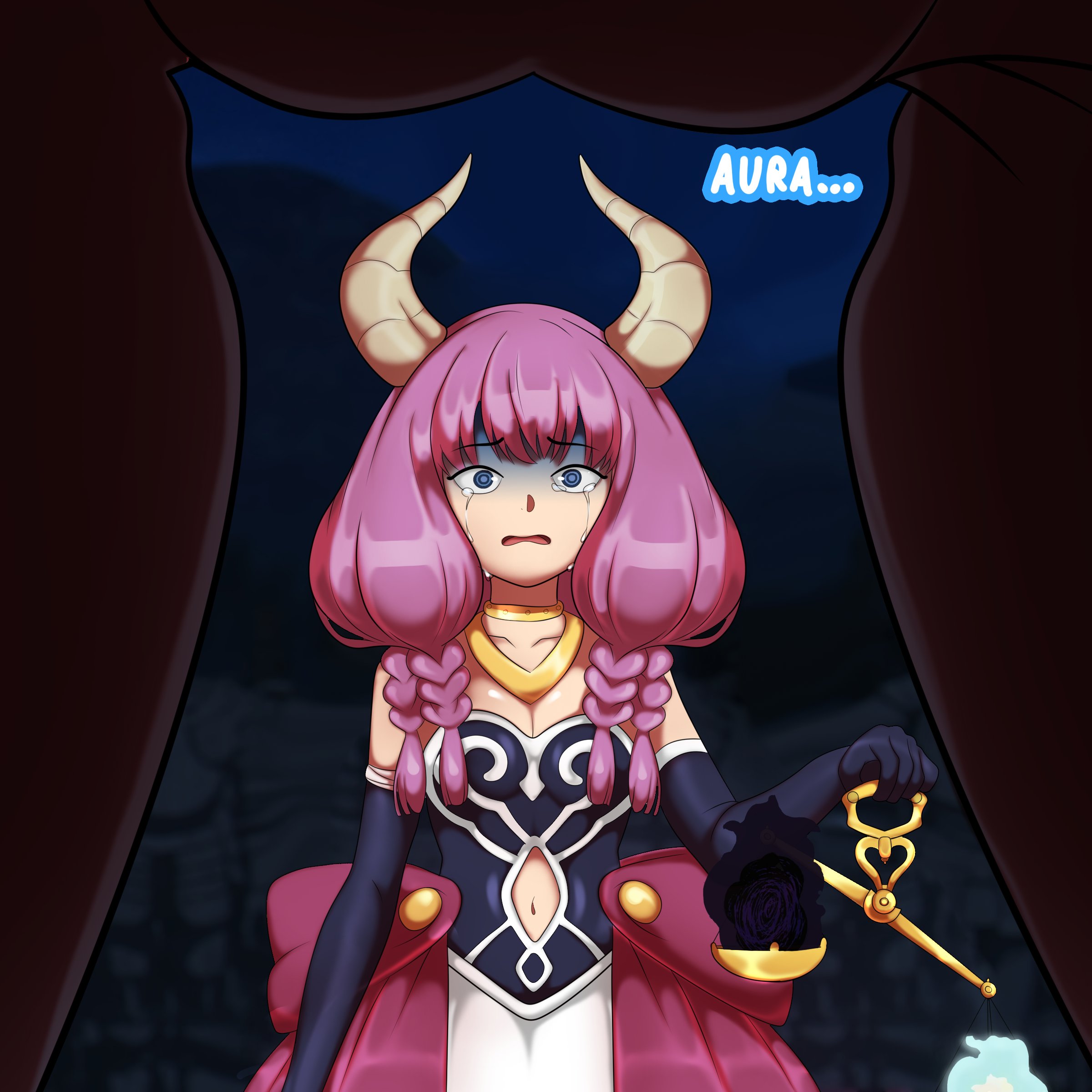 2girls, aura (sousou no frieren), background, boob window, breasts, english text, female, female only, frieren, frieren beyond journey's end, gilf, horn, horns, long hair, milf, multiple females, multiple girls, oddrich, open mouth, panels, pink hair, scared, sousou no frieren, talking, tears, text, worried, yuri