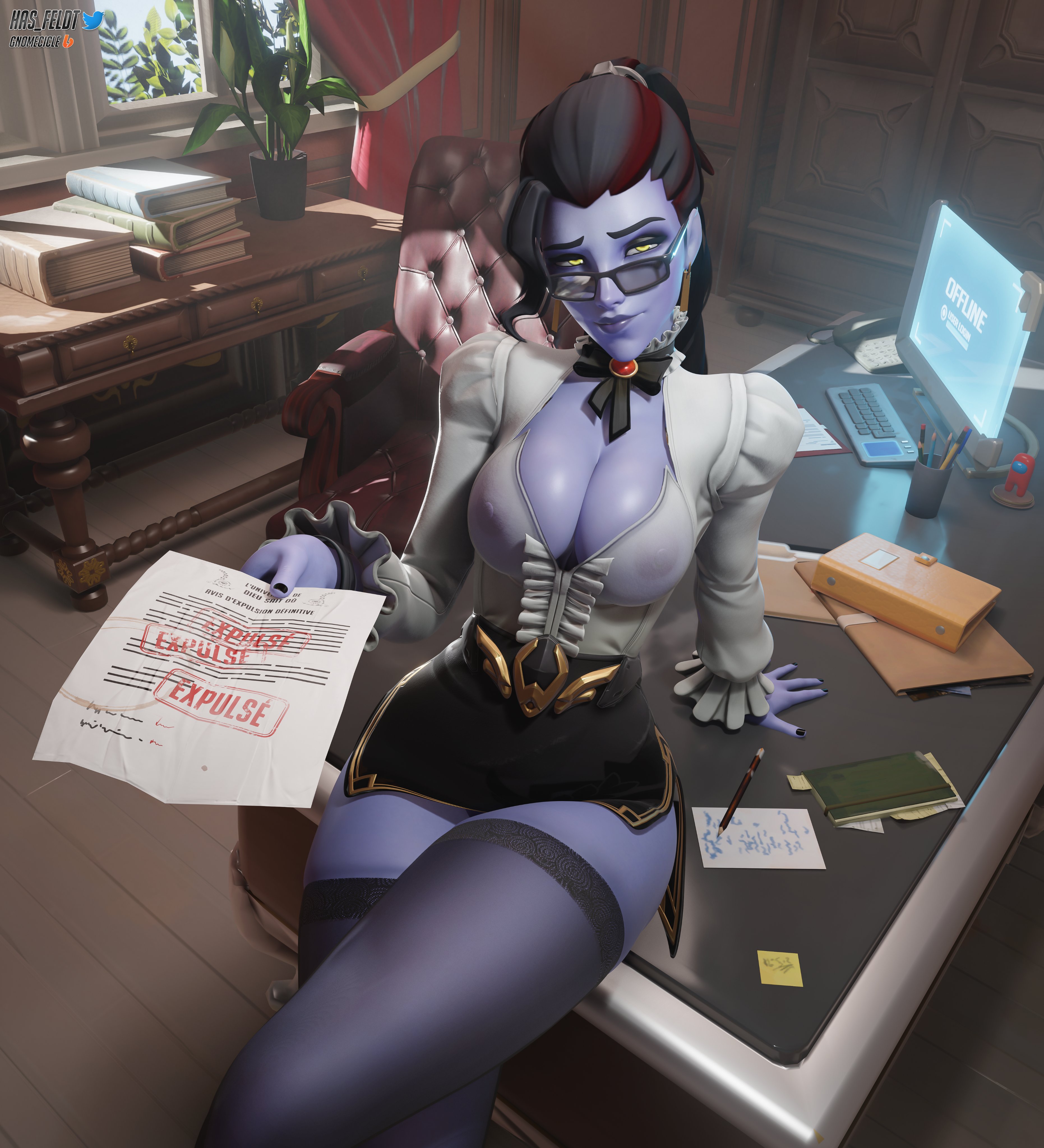 1girls, 3d, alluring, amelie lacroix, classy, classy female, cleavage, clothed, clothed female, crossed legs, cute, female, female only, glasses, hasfeldt, looking at viewer, miniskirt, on table, overwatch, overwatch 2, overwatch league, principal, principal lacroix, seductive, seductive look, seductive smile, see-through, see-through clothing, sitting, skirt, solo, solo female, stockings, table, teacher, thighhighs, wealthy, wealthy female, widowmaker