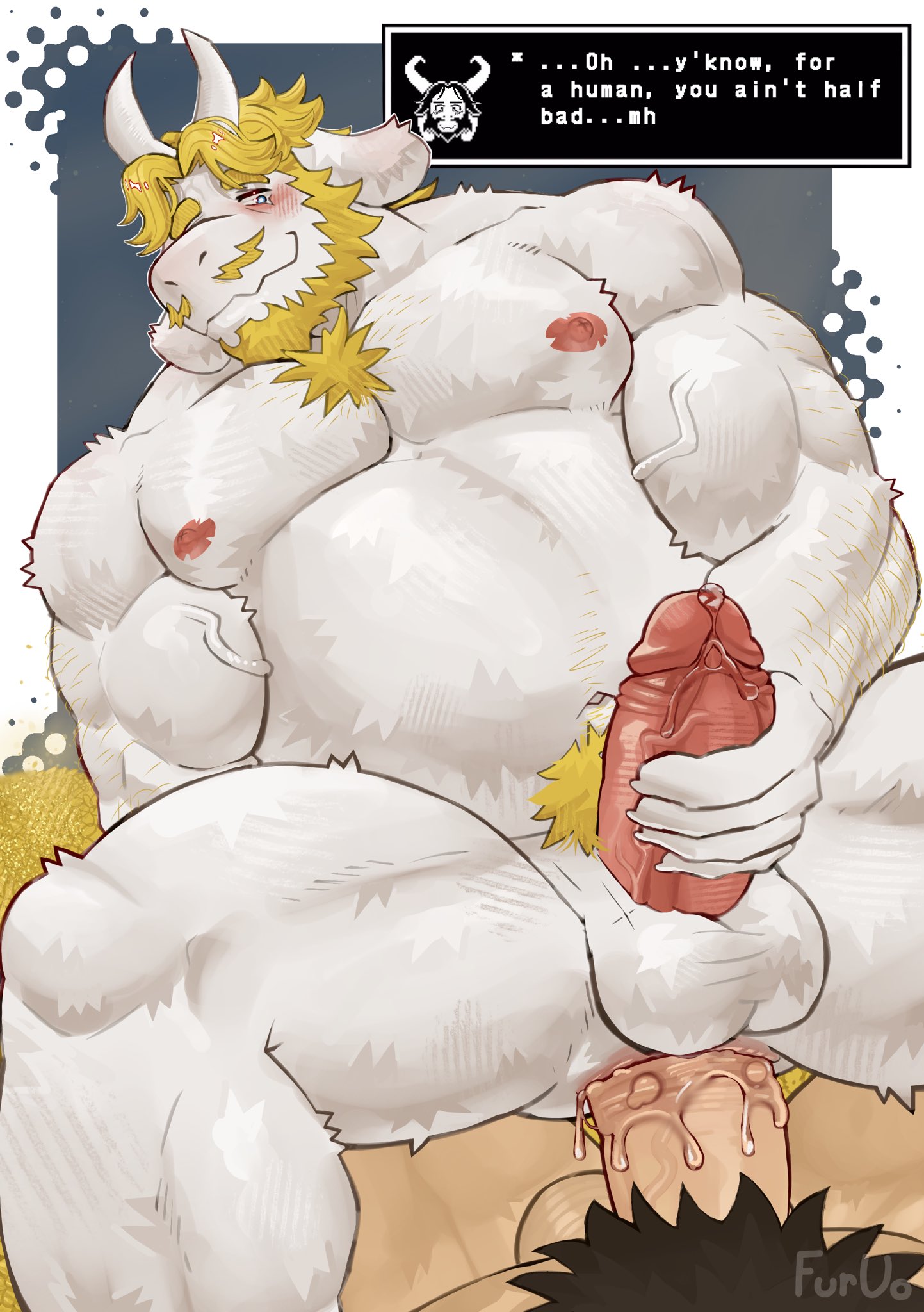 2boys, anthro, asgore dreemurr, beard, blonde hair, blue eyes, boner, cum, deltarune, dilf, duo, duo focus, erect penis, erection, facial hair, furry, furry only, furuo, gay, gay sex, goat, horn, human, humanoid penis, interspecies, male, male only, muscular, muscular male, nipples, nude, penetration, penis, precum, undertale, undertale (series), white body, white fur, yaoi