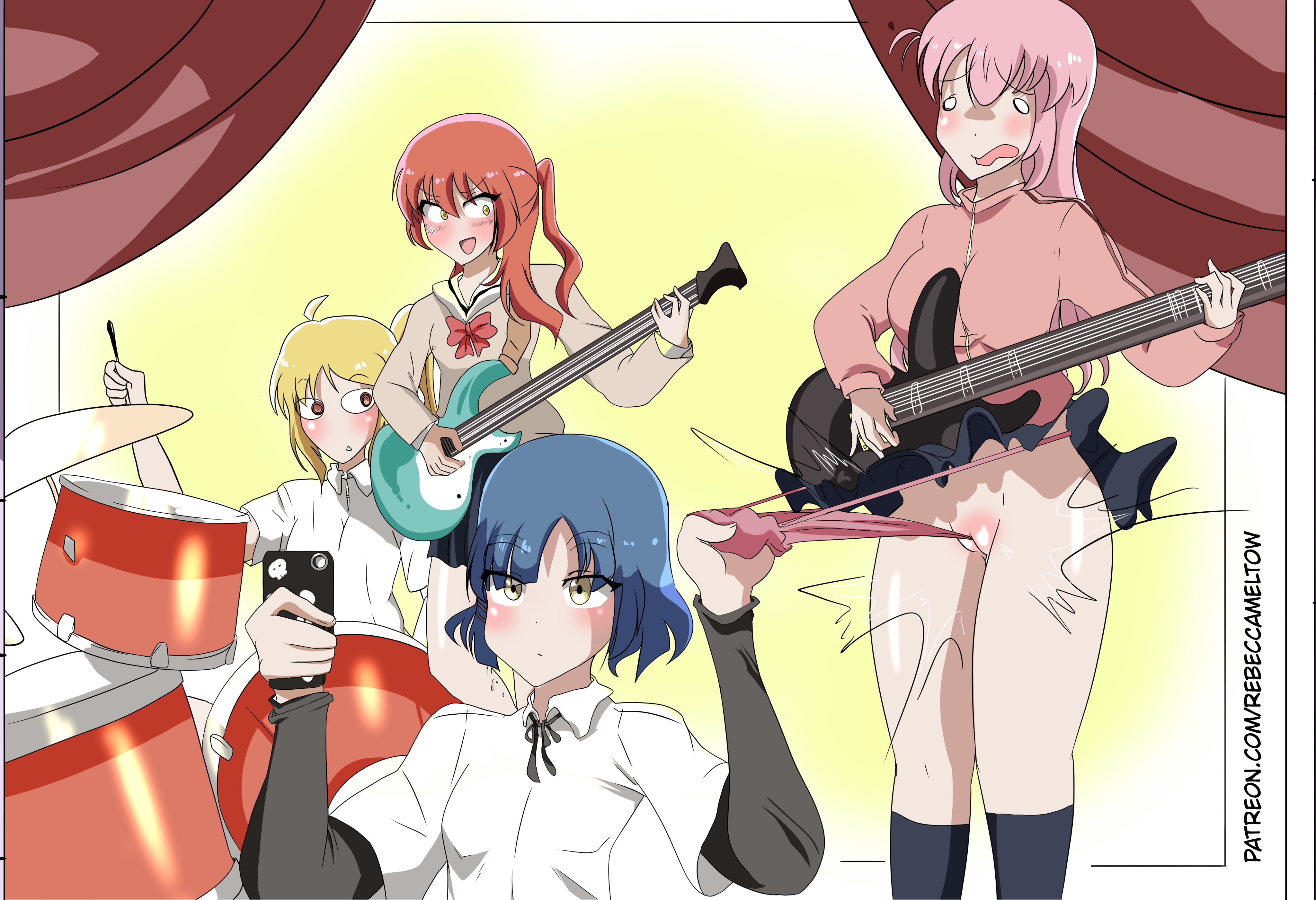 artist request, bocchi the rock!, female, fully clothed, gotou hitori, hairless pussy, ijichi nijika, kessoku band, kita ikuyo, lifted skirt, mostly clothed, panties, pussy, rebecca meltow, tagme, wedgie, yamada ryou