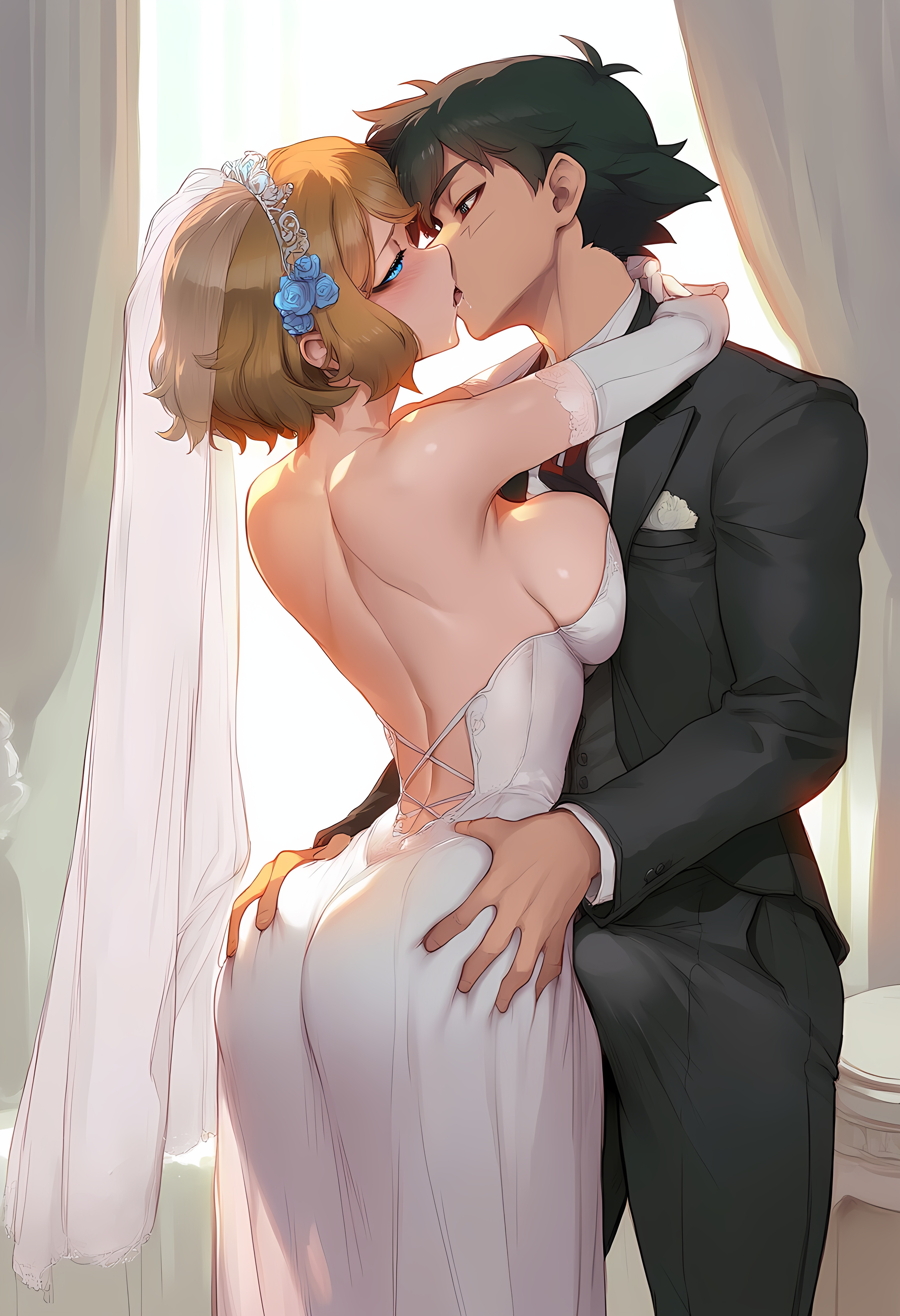 1boy, 1girls, 2d, aged up, ai generated, aksn, ass, ass grab, big ass, big breasts, blonde hair, breasts, bridal veil, brown hair, couple, curvaceous, curvy, curvy figure, dress, female, fit, fit female, grabbing ass, honey hair, husband, husband and wife, kissing, large ass, large breasts, male, married, pokemon, pokemon xy, pokemon xy (anime), satoshi (pokemon), serena (pokemon), suit, thick thighs, thighs, tiara, toned, wedding dress, wife