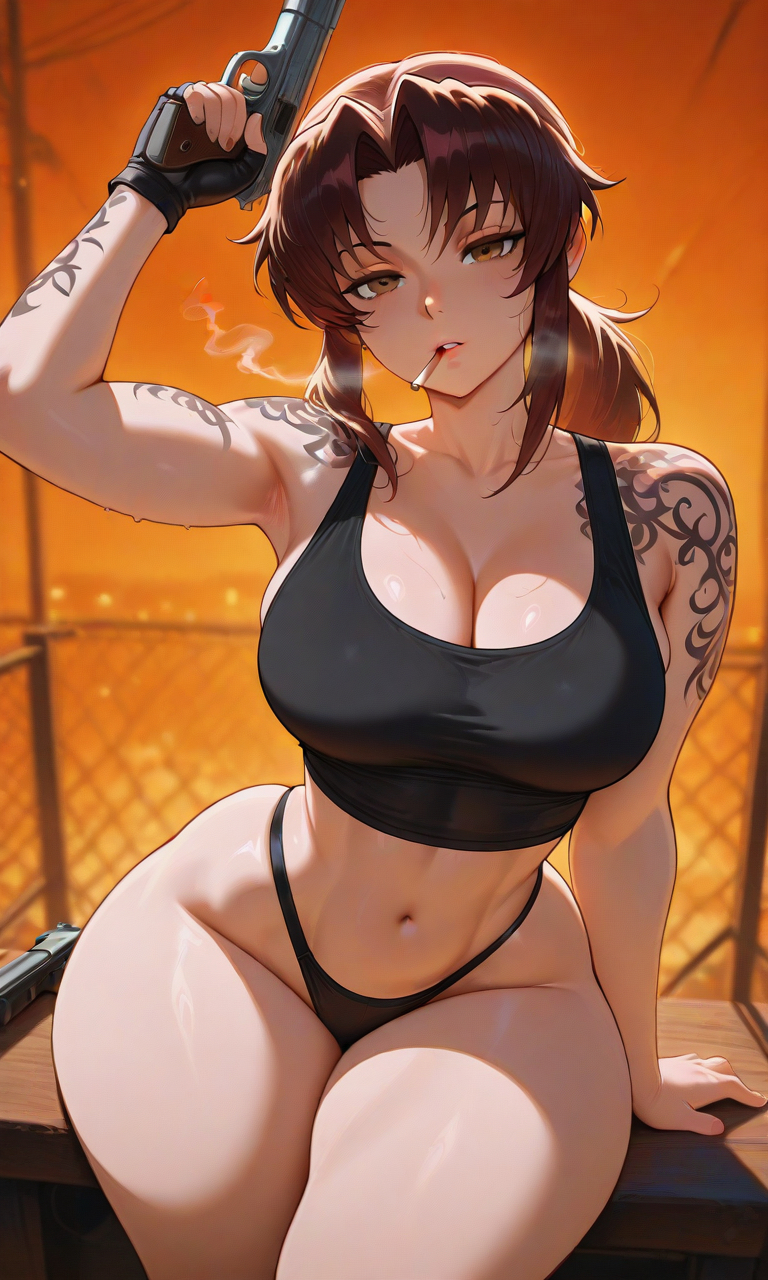 ai generated, beretta, bigbizarts, black lagoon, brown eyes, brown hair, cigarette in mouth, curvaceous, female, gun, looking at viewer, revy, seductive look, sports bra, tattoo on arm, thong