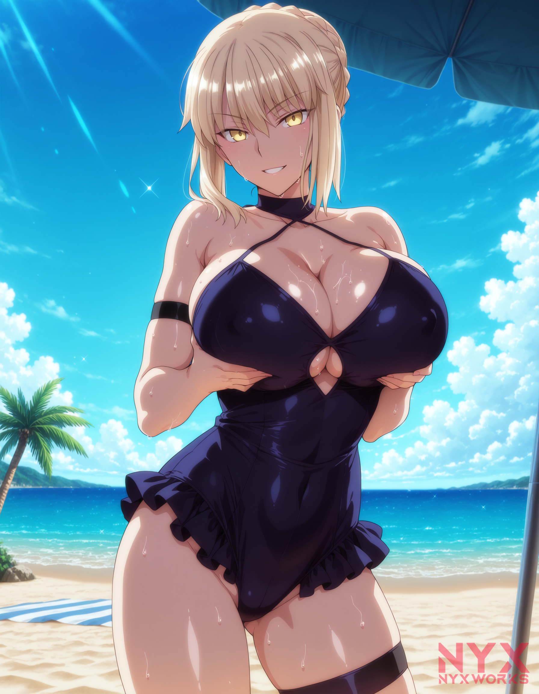 1girls, ai generated, alternate costume, angra mainyu (fate), artoria pendragon, beach, blonde hair, breasts, fate (series), fate/stay night, female, female only, huge breasts, nyxworks, possessed, possession, saber, saber alter, solo, swimsuit, swimwear, yellow eyes