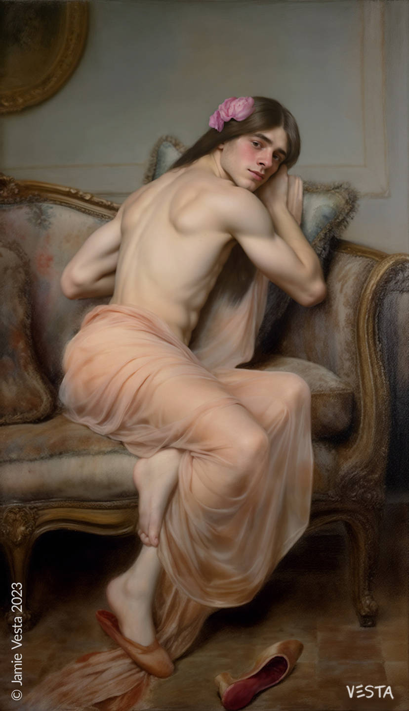 ai_generated blush brown_hair fair_skin femboy flower_in_hair long_straight_hair topless
