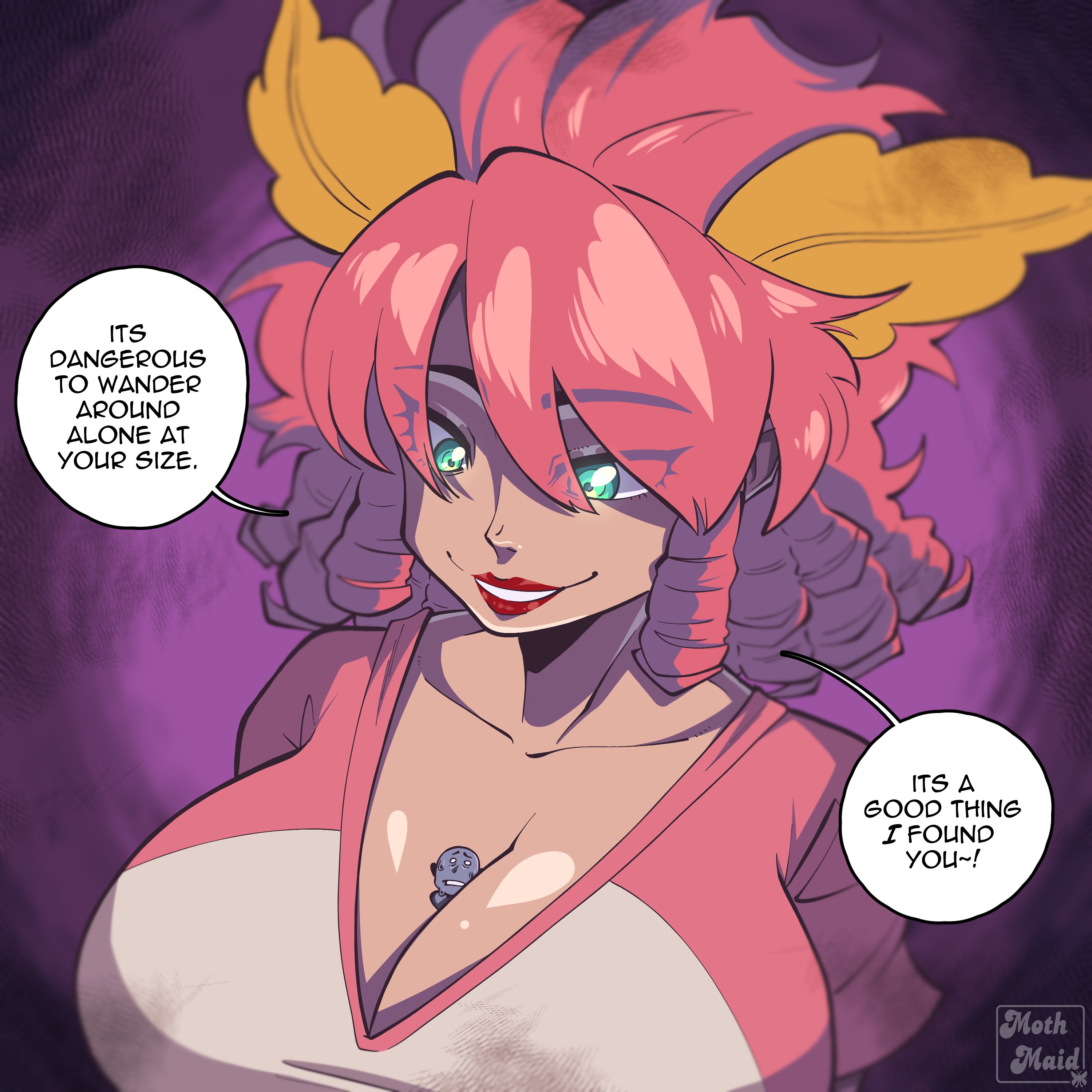 1boy, 1futa, between breasts, big breasts, big female, breast bigger than head, breasts, cleavage, english text, female, futanari, giantess, huge breasts, intersex, larger breasts, larger futa, male, micro, moth ears, moth maid, moth maid (character), naked female, nipples, nipples outside, pink hair, red lips, red lipstick, seductive eyes, tagme, teal eyes, trapped, trapped in breasts
