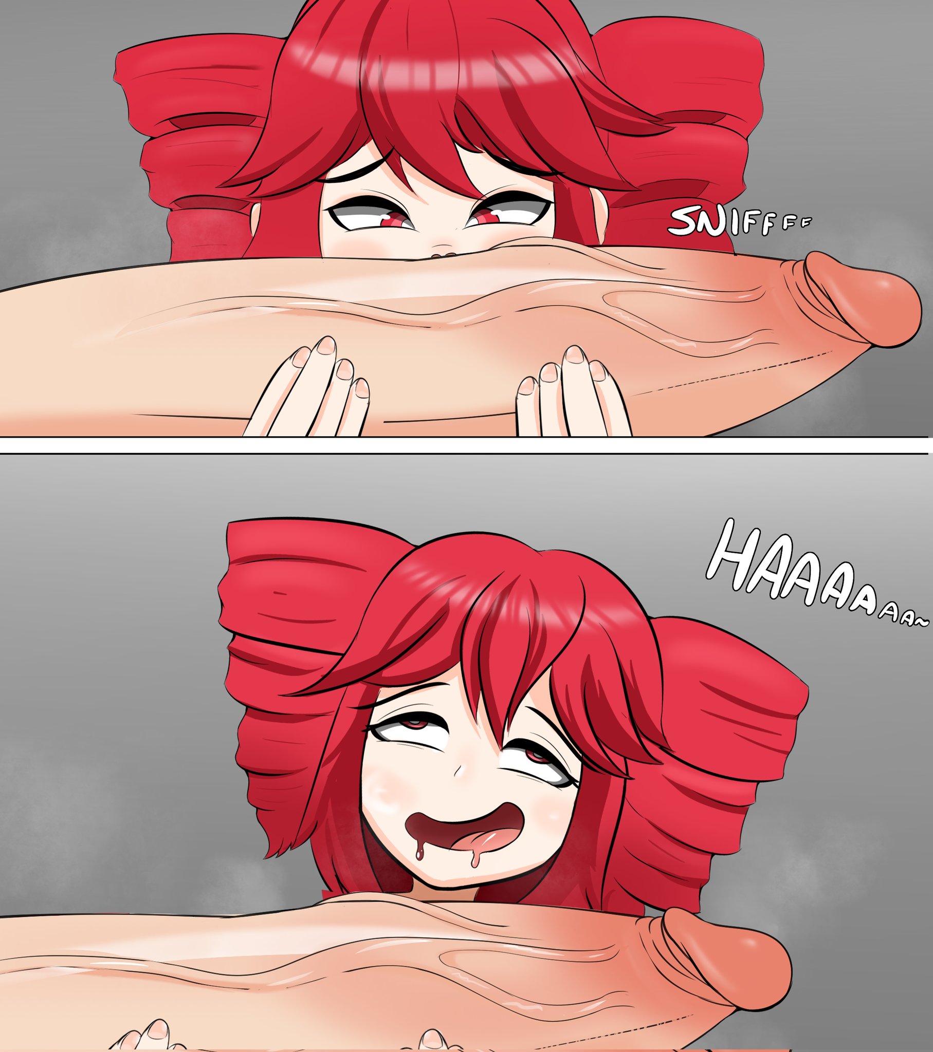 1boy, 1girls, 2d, 2d (artwork), adult and teenager, adult on young, age difference, ahe gao, big penis, cock hungry, cute, drool, drooling, female, gigantic penis, holding penis, horny, horny female, huge cock, imminent oral, kasane teto, kasane teto (sv), large penis, long penis, looking at penis, male, meme, meme reference, musk, musk clouds, older on younger, open mouth, oral, panels, penis, petite, red eyes, red hair, reference, rolling eyes, rumi sniffing gimbap, seductive mouth, skinny, slim, sniffing, sniffing penis, sound effects, steam, straight, teenager, telosynth, throat, tongue out, twin drills, twintails, utau, veiny penis, vocaloid, young