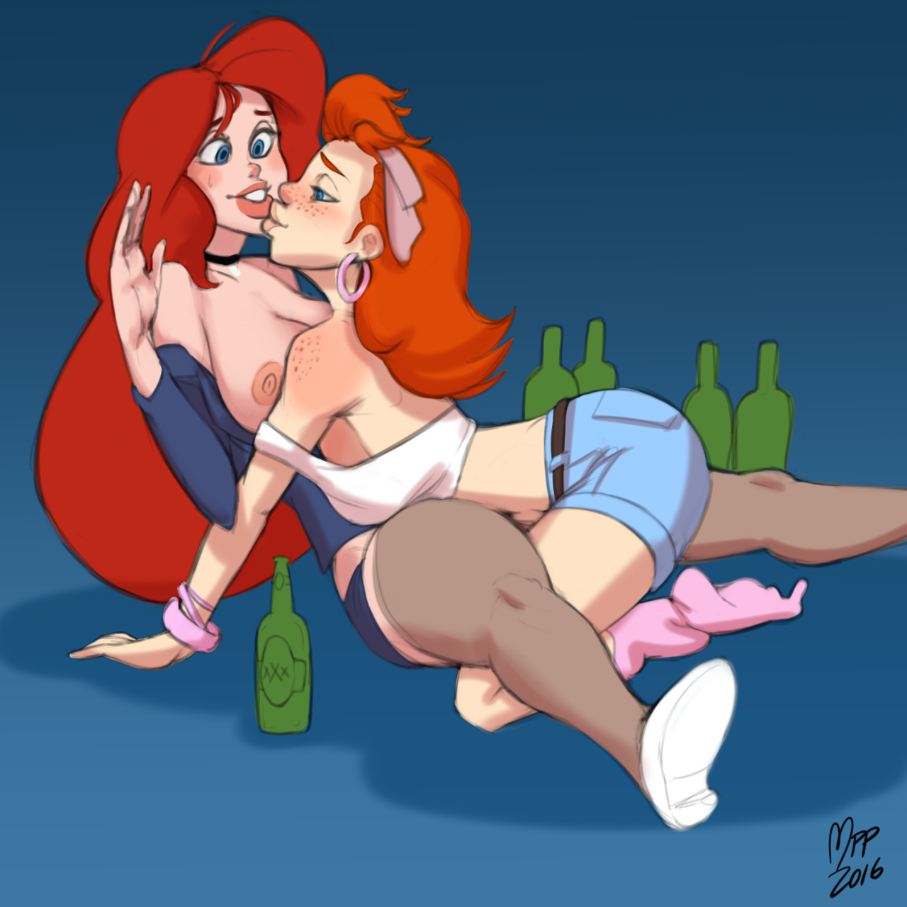 2girls, age difference, alcohol, blue eyes, bottle, breasts, breasts out, drunk, earrings, female, freckles, gardnerverse, incest, kissing, large breasts, liz gardner, marty gardner, mother and daughter, mrpotatoparty, multiple females, multiple girls, nipples, red hair, yuri