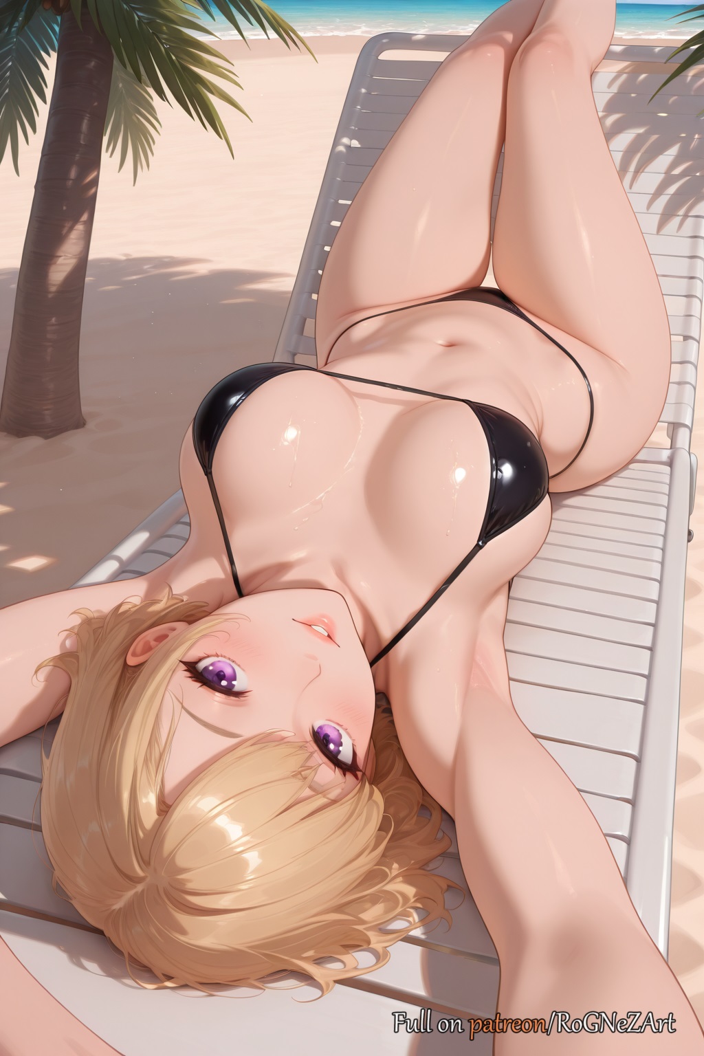 2025 ai_generated armpits arms_up bangs bare_shoulders beach beach_chair bikini black_bikini blonde_hair blush breasts breasts_apart cha_hae_in collarbone day female female female_focus large_breasts lips looking_at_viewer lying navel nsfw ocean on_back outdoors palm_tree parted_lips purple_eyes rognezart sand shiny shiny_skin short_hair smile solo solo_leveling stomach swimsuit thigh_gap thighs tree