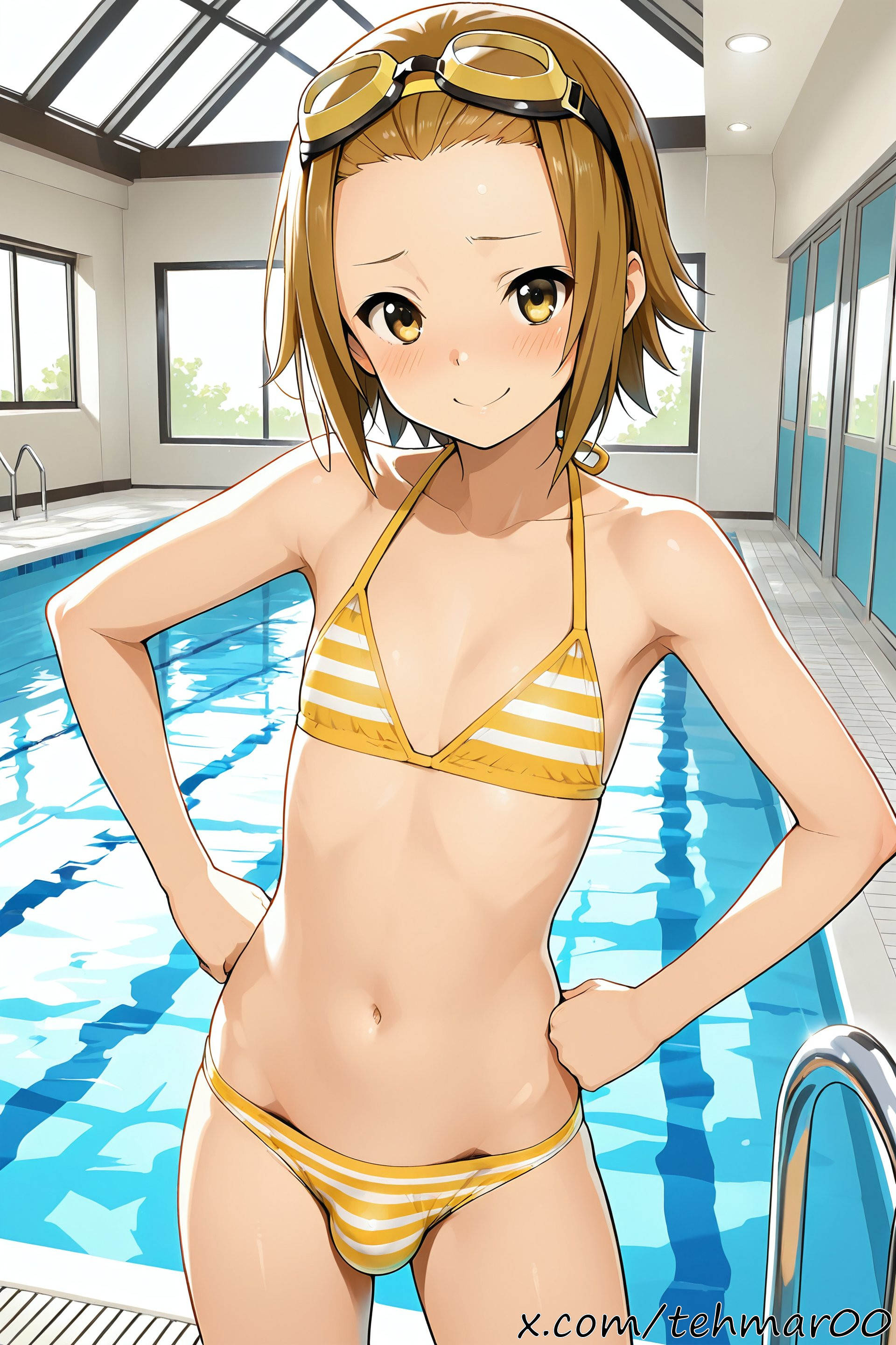 1boy, ai generated, bikini, brown hair, bulge, femboy, flat chest, genderswap (ftm), glasses on head, hands on hips, k-on!, looking at viewer, male, pool, ritsu tainaka (k-on!), rule 63, solo, standing, striped bikini, tagme, tehmar, trans woman, transfem, trap