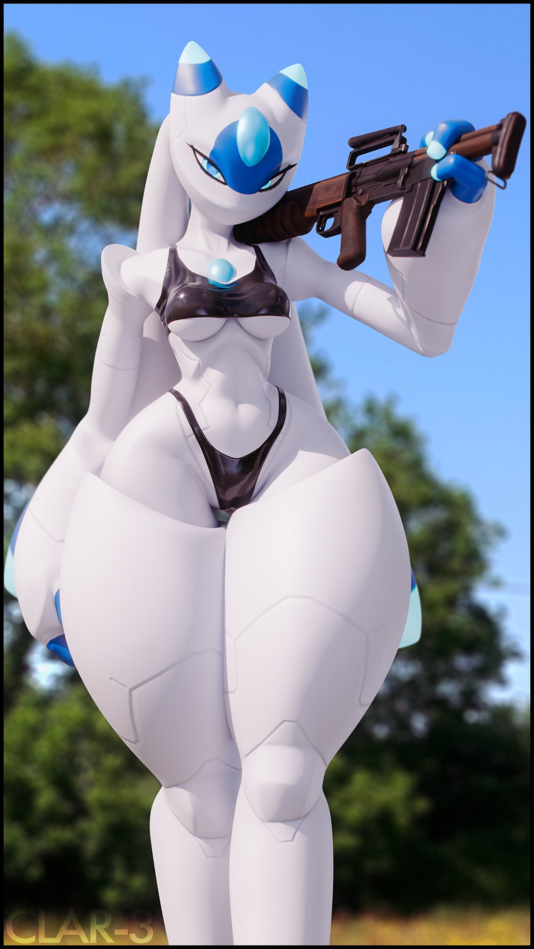 3d (artwork), 9:16, anthro, assault rifle, black clothing, black panties, black shirt, black tank top, black topwear, black underwear, blue eyes, blue sky, blurred background, breasts, chest gem, clar-3, clothing, day, digital media (artwork), female, forehead gem, gem, glistening, glistening clothing, gun, hi res, holding gun, holding object, holding ranged weapon, holding weapon, looking at viewer, lunaris (pal), medium breasts, mouthless, nature, nature background, no mouth, outside, pal (species), palworld, panties, pocketpair, ranged weapon, rifle, shirt, sky, solo, tank top, thick thighs, topwear, under boob, underwear, watermark, weapon, white body, wide hips
