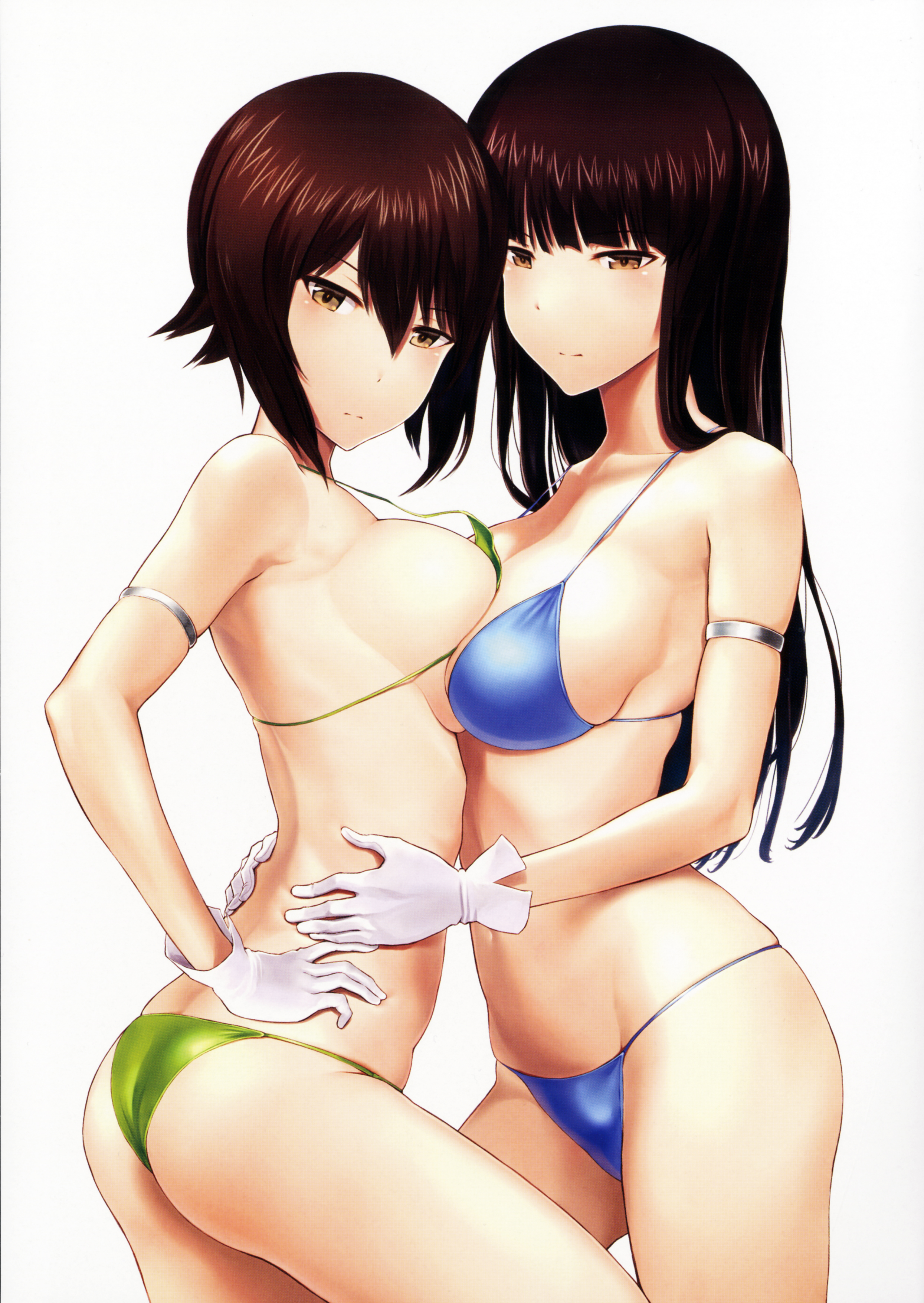2girls, absurdres, ass, bangs, bikini, black hair, blue bikini, blunt bangs, blush, breast press, breasts, brown eyes, brown hair, cowboy shot, female, girls und panzer, green bikini, hand on hip, hands on another's hips, highres, large breasts, long hair, looking at viewer, mature, mature female, midriff, milf, mother and daughter, multiple females, multiple girls, nishizumi maho, nishizumi shiho, short hair, sideboob, swimsuit, symmetrical docking, wa (genryusui)
