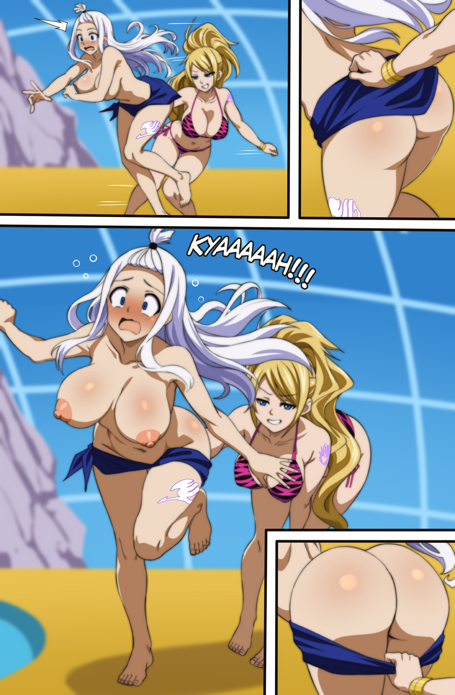 2girls, ass, ass focus, assisted exposure, bikini bottom pull, bikini pull, blonde hair, blonde-haired female, blue pegasus mark, blue tattoo, breasts, embarrassed, embarrassed nude female, enf, fairy tail, fairy tail mark, female, handcuffs, herchi, jenny realight, leg tattoo, mirajane strauss, naked, naked female, pantsing, shoulder tattoo, stolen bikini, stolen clothes, stolen swimsuit, stripped, stripped naked, tattoo, white hair, white tattoo, white-haired female, yuri