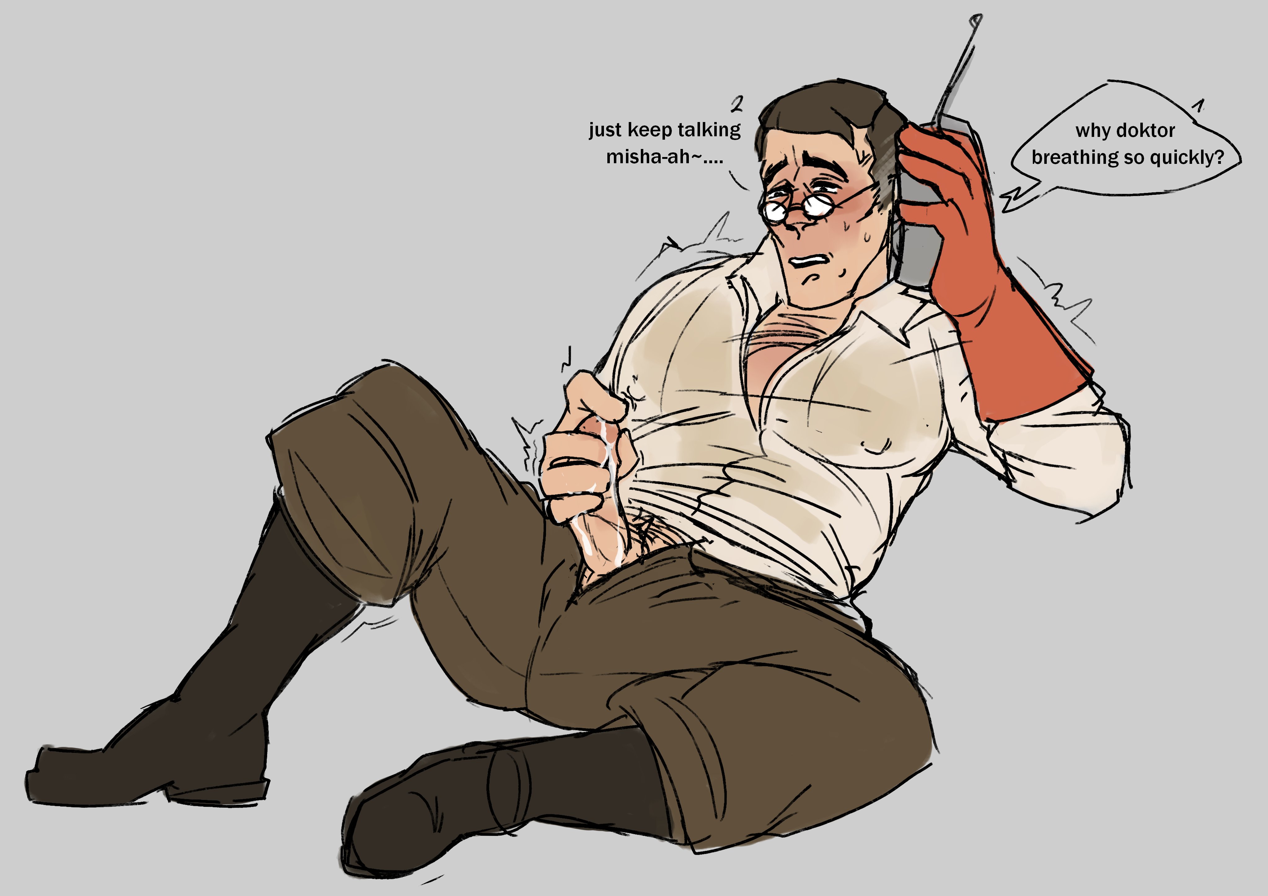 big pecs, blush, blushing profusely, breasts, canon couple, cell phone, clothed, clothed male, cum, cum on hand, dilf, erect nipples, erect nipples under clothes, erection, gay, heavy (team fortress 2), heavy breathing, heavy weapons guy, jerking off, large pectorals, male, male only, manboobs, masturbation, medic (team fortress 2), moaning, moaning in pleasure, muscular, muscular male, nipples, open fly, open shirt, panting, penis, phone call, phone sex, sfcedarin, shy, shy expression, solo male, sweat, team fortress 2, they love each other, yaoi