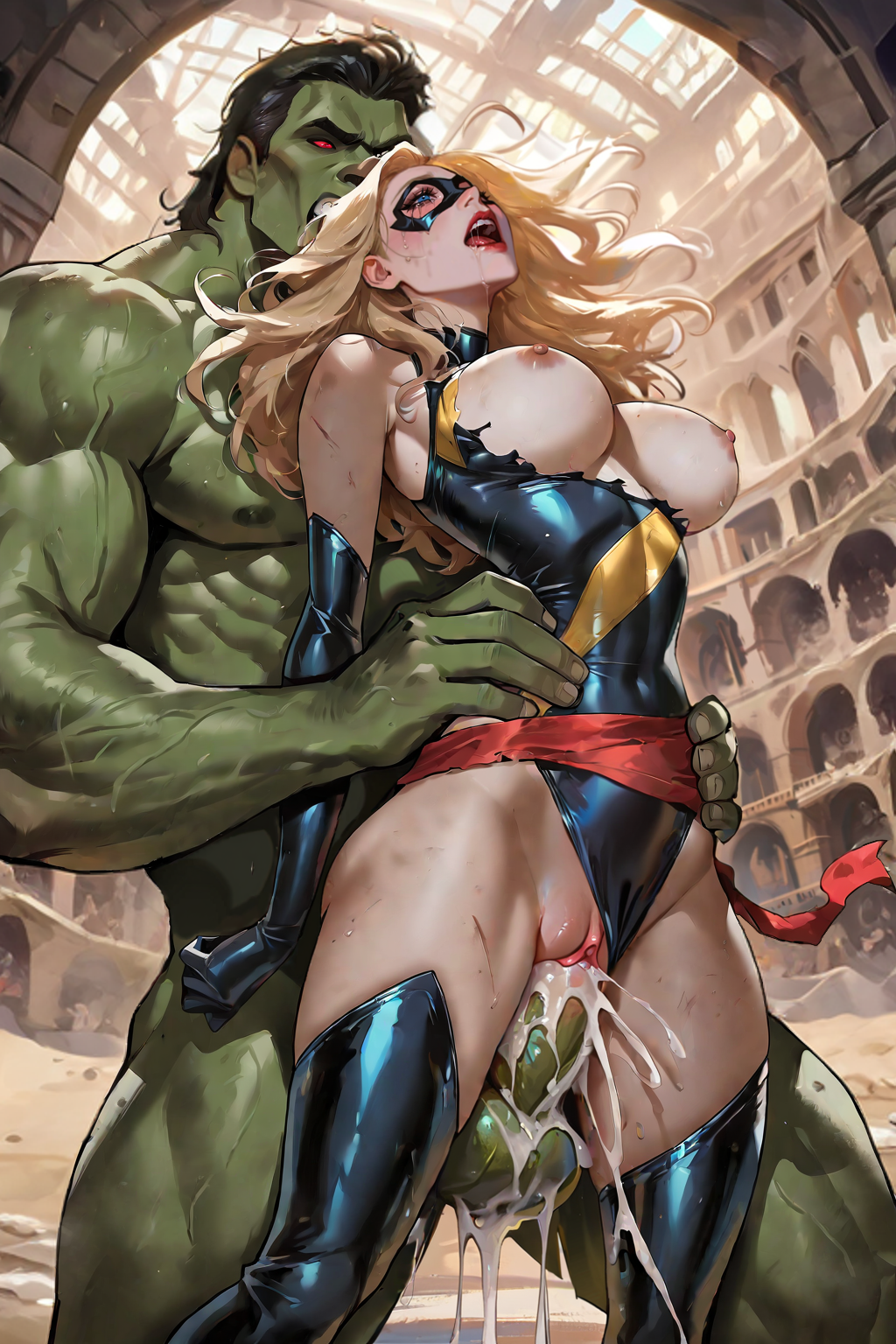 1boy 1girls ai_assisted ai_generated blonde_hair blue_eyes bodysuit bodysuit_aside breasts_out carol_danvers clitoris cum cum_overflow defeat defeated_heroine domino_mask drooling elbow_gloves green_skin hand_around_waist head_back heroine_in_trouble hi_res hulk large_breasts large_insertion large_penis larger_male legs_apart lifting_person lipstick living_sex_toy long_hair marvel marvel_comics ms._marvel_(carol_danvers) pussy rape red_eyes red_sash runny_makeup saliva self_upload size_difference smaller_female stable_diffusion standing_sex stomach_bulge tacocatbox tears thigh_boots torn_clothes torso_grab vaginal_penetration