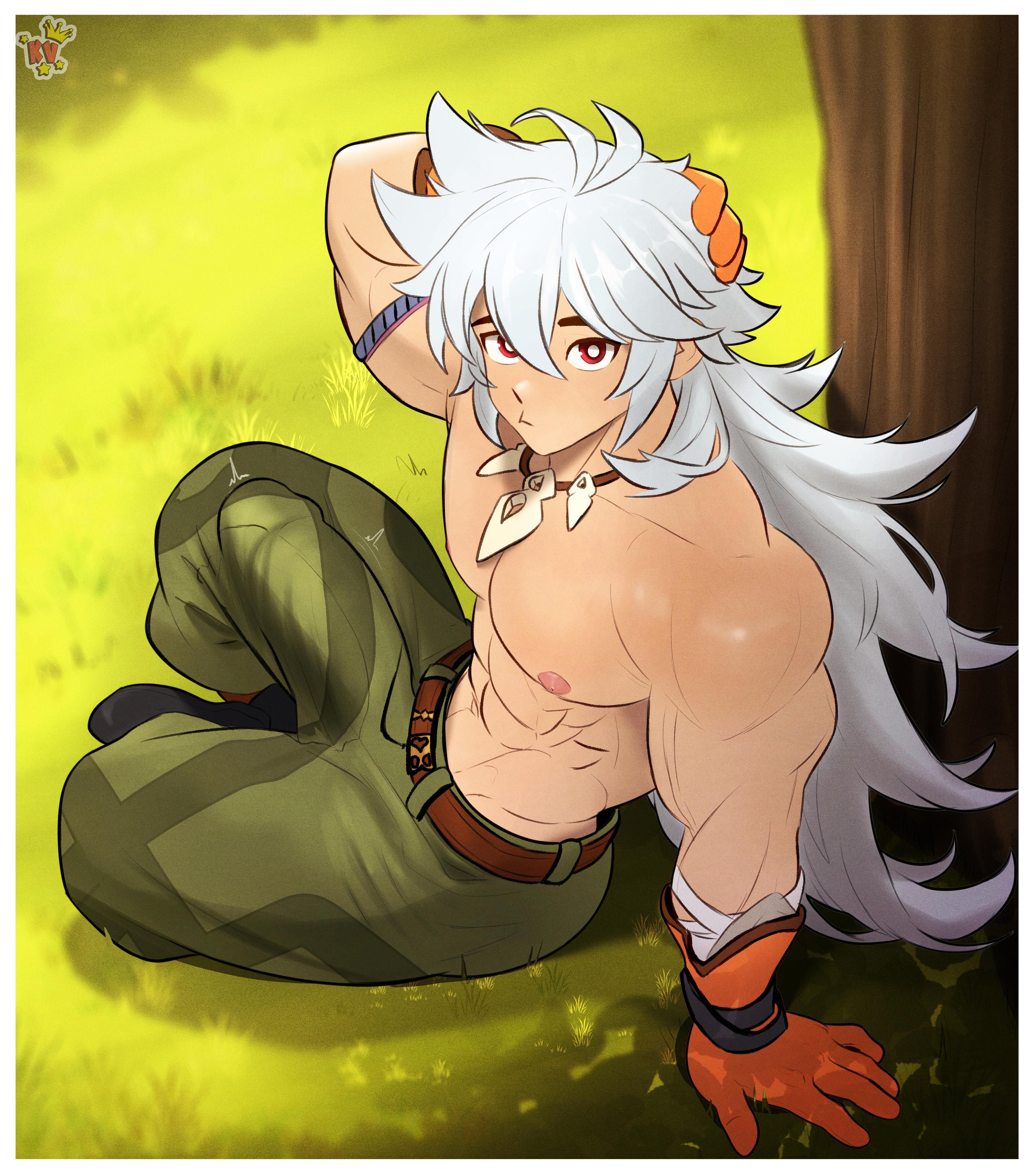 1boy, 1male, arm bracelet, arm bracelets, armwear, artist logo, bandage, bandaged hand, bandages, belt, big penis, bulge, bulge down leg, bulge through clothing, bulge under clothes, collar, colored, erected penis, erection, erection in pants, erection under clothes, erection under clothing, genshin impact, glans outline, gloves, grass, green pants, hand behind head, hand behind own head, hard cock, hard on, hard penis, hoyoverse, human, kingdom velvet, long hair, long taglist, long-haired male, looking at viewer, male, male only, muscles, muscular, muscular male, nature, nature background, no sex, orange gloves, outdoor, outdoors, pants, partially clothed, partially clothed male, partially nude, partially nude male, pendant, penis, penis outline, pink nipples, public topless, razor (genshin impact), red eyes, red text, red-eyed male, sfw, shy expression, sitting, sitting on grass, sitting on ground, solo male, throbbing penis, topless, topless male, tree, twitter, visible penis line, visible penis shape, watermark, white hair, white-haired male